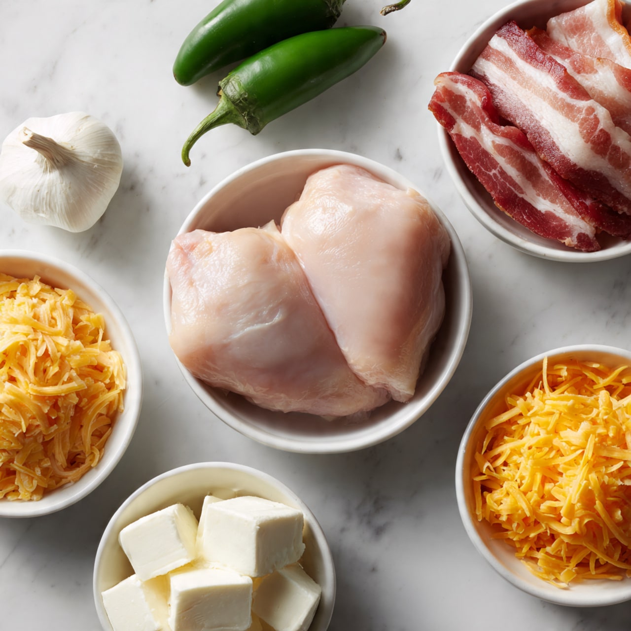 The image shows six small white bowls placed on a white marbled surface, each containing a different ingredient. One bowl holds two raw chicken pieces with smooth, pale pink skin, positioned centrally. Next to it, there is a bowl with thick slices of raw bacon with red and white marbling, slightly curled. Another bowl contains shredded orange cheddar cheese. A separate bowl with three green jalapeño peppers with a smooth, shiny surface sits nearby. A small bowl holds a single garlic clove with pale yellow skin, and the final bowl contains several cubes of white cream cheese. The bowls are arranged loosely around the main chicken bowl. Photo taken with an iphone --ar 4:5 --v 7
