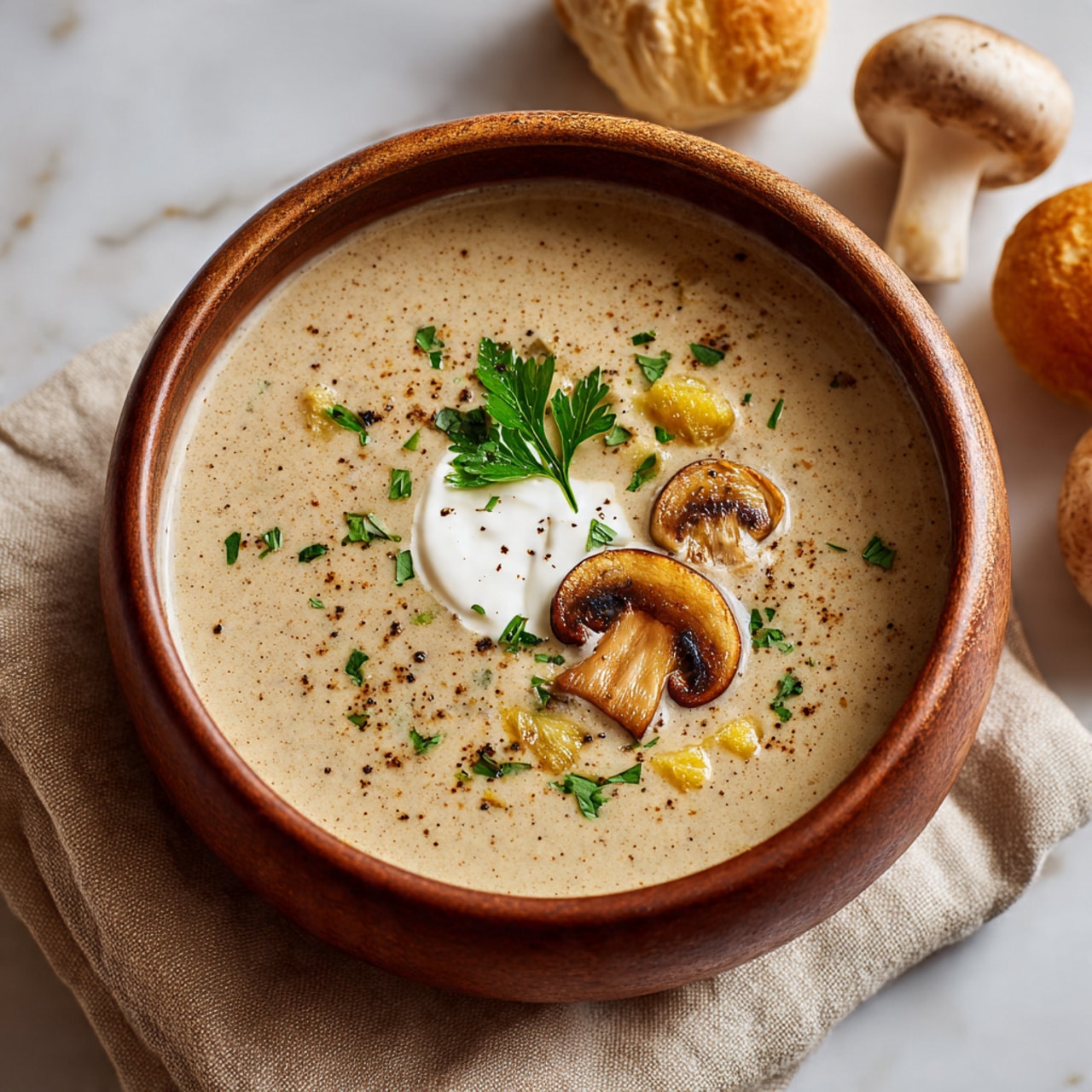 A brown bowl filled with creamy light beige soup sits on a beige cloth on a white marbled surface. The soup has a smooth texture and is topped with three small light brown mushroom slices, three small pale yellow pieces, a dollop of white cream in the center, and a small bunch of green parsley right on top. Tiny green herb bits and black pepper are sprinkled over the soup. In the blurred background, there are several white and brown mushrooms and light brown bread rolls next to the bowl. Photo taken with an iphone --ar 4:5 --v 7