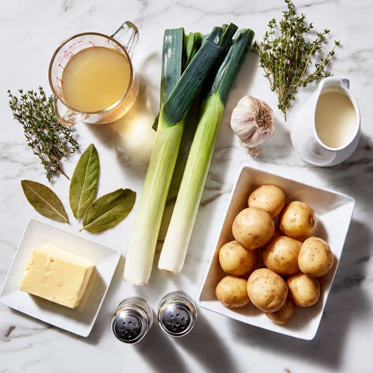 The image shows an overhead view of various cooking ingredients arranged neatly on a white marbled surface. On the right, a white square dish holds several small brown potatoes with smooth skins. Below the dish is a pair of stainless steel salt and pepper shakers. To the left, two long green and white leeks lie horizontally, showing their leafy tops and root ends. Above the leeks, clusters of fresh herbs are placed, including a small bunch of green chives and sprigs of thyme. A whole bulb of garlic with a light purple tint is close to the center. Nearby, two fresh green bay leaves are spread flat on the surface. There is a clear glass measuring cup with a golden broth or liquid on the left side, next to a small rectangular white dish holding a slab of yellow butter. A small white pitcher filled with what looks like cream or milk is placed near the center. The setup is clean and organized, highlighting the natural colors and textures of fresh ingredients. Photo taken with an iphone --ar 4:5 --v 7