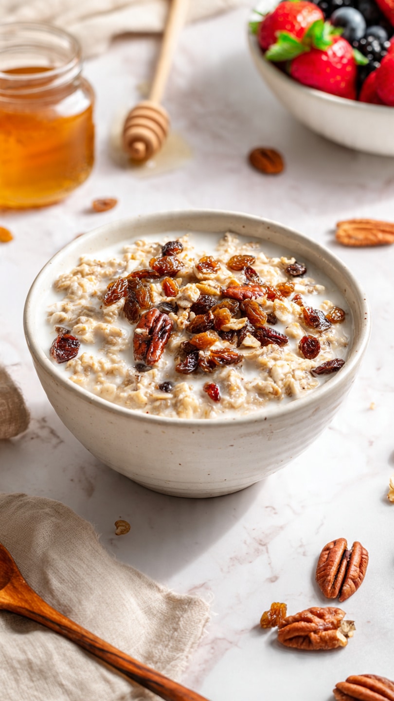 A white bowl filled with creamy oatmeal topped with small pieces of chopped nuts, mostly pecans, which have a rich brown color and a crunchy texture. The oatmeal is light beige and looks smooth and thick, floating in a pool of white milk. The bowl sits on a white marbled surface with scattered nuts and dried fruits around it. A wooden spoon and a jar of honey are softly blurred in the background. photo taken with an iphone --ar 4:5 --v 7