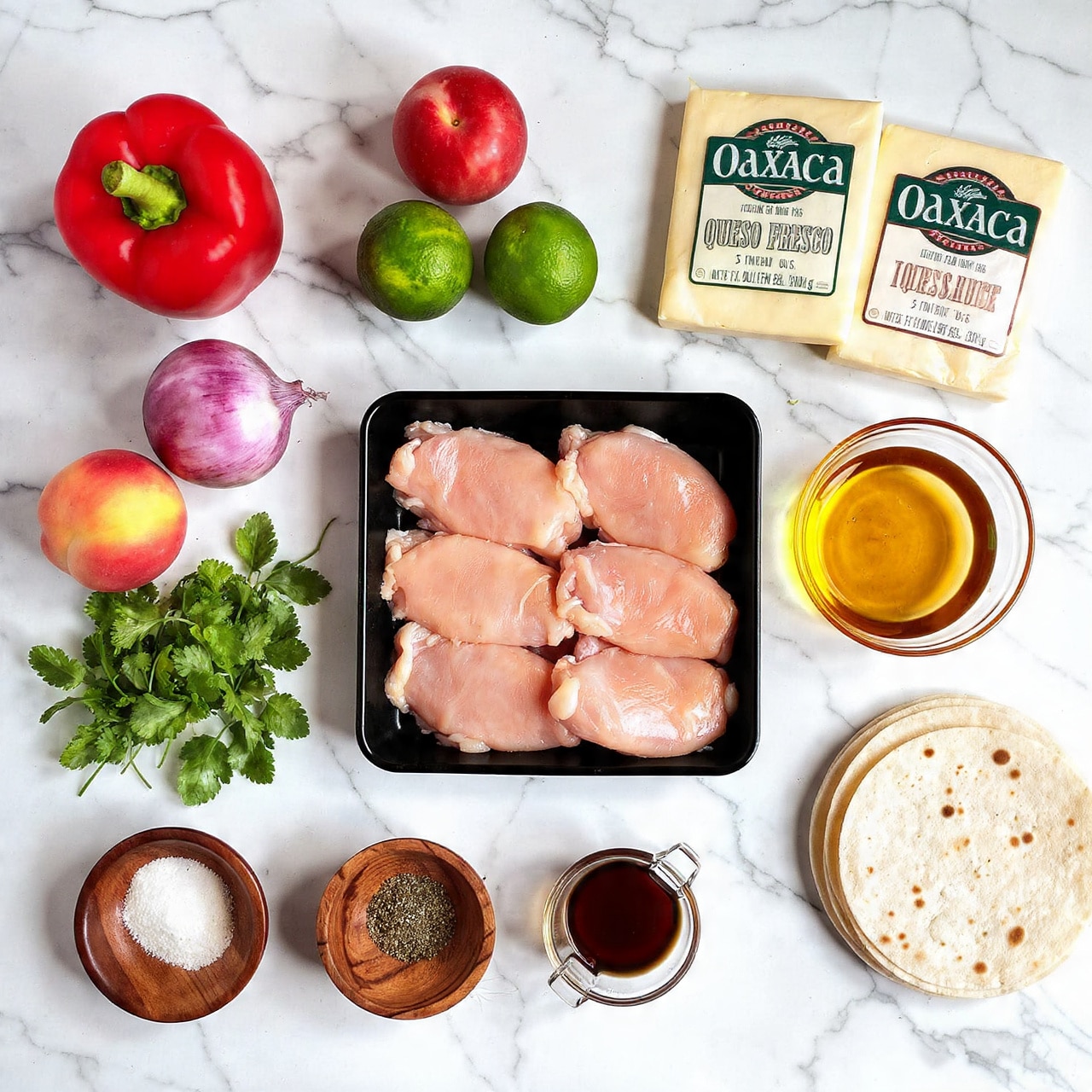 The image shows a white marbled surface with several ingredients neatly arranged. On the left, there is a red bell pepper, a red onion, two peaches, two tomatoes, two limes, a few sprigs of fresh cilantro, and some fresh mint leaves. In the center, raw chicken thighs are stacked on a small black tray. To the right of the chicken are two packages of cheese, one labeled