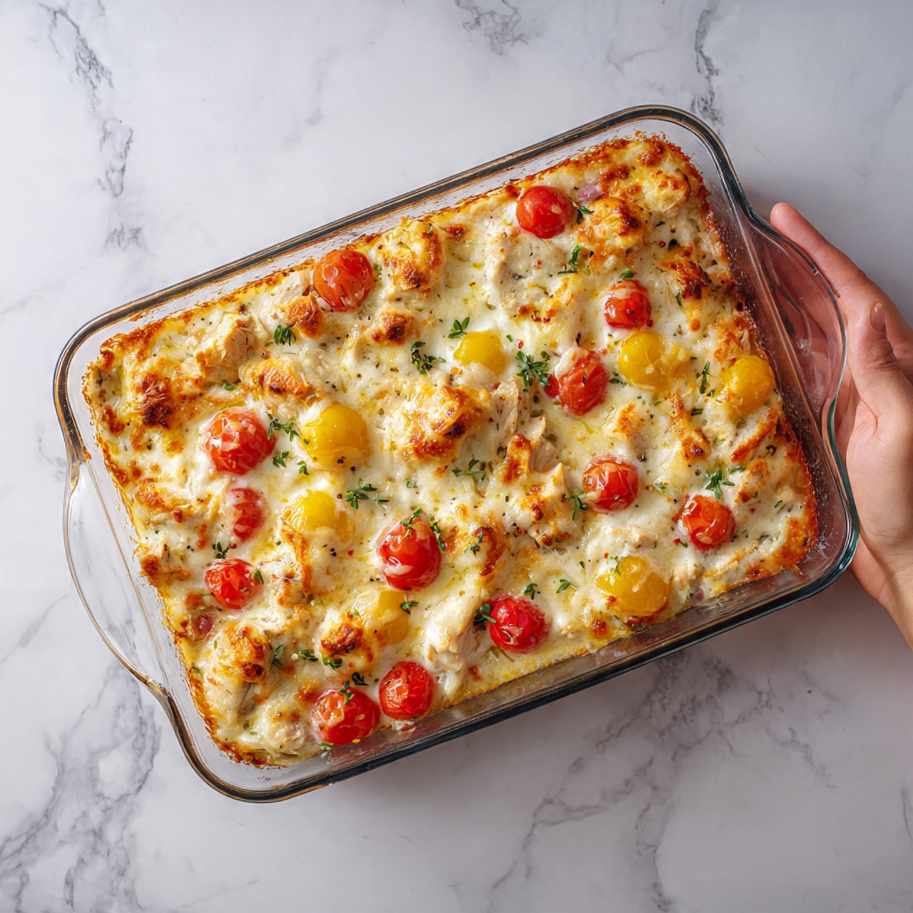 A rectangular glass baking dish holds a layered bake with a golden-brown top layer of melted cheese, dotted with red and yellow cherry tomato halves and small green herb leaves scattered across the surface. Below the cheese, a mix of light-brown cooked chicken pieces can be seen mixed with creamy white sauce. The dish sits on a white marbled surface, and a woman's hand is reaching from the right side, ready to serve. Photo taken with an iphone --ar 4:5 --v 7