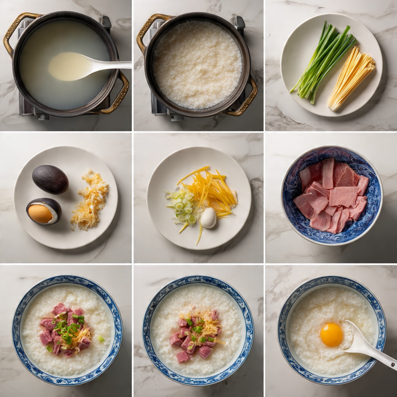 The image shows eight steps of making rice porridge with toppings. The first two images show a black pot with white rice and water inside. The next row has a white plate with raw pink meat, a dark Century egg, a piece of ginger, and green onion, followed by a close-up of chopped Century egg pieces and a white plate with thin yellow ginger strips and sliced green onions. A blue and white bowl holds slices of raw pink meat. Then a pot with white rice cooking is shown. The next image shows the same pot with pieces of meat, ginger, and green onion added into the white rice porridge. The last image shows a white bowl with blue patterns filled with thick white porridge topped with pieces of meat, Century egg, and green onion, and a white spoon inside the bowl. The background surface is a white marbled texture photo taken with an iphone --ar 4:5 --v 7