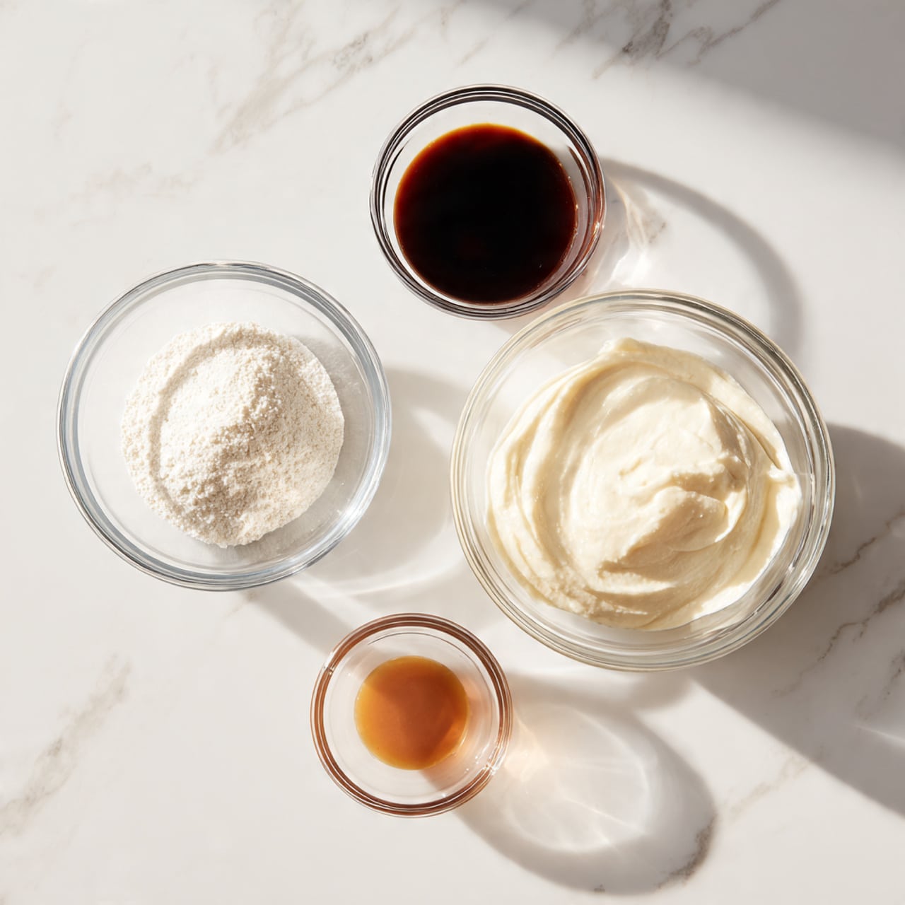 The image shows four clear glass bowls placed on a white marbled surface. The largest bowl on the right contains a smooth, creamy white mixture with a soft texture. To the left are three smaller bowls: the top one holds a fine white powder, the middle one contains a dark brown sauce with a glossy texture, and the bottom one has a small amount of light-colored liquid alongside a tiny bowl of a thick, darker liquid. All bowls are evenly spaced, and the lighting is bright and natural, emphasizing the clean and simple arrangement. Photo taken with an iphone --ar 4:5 --v 7