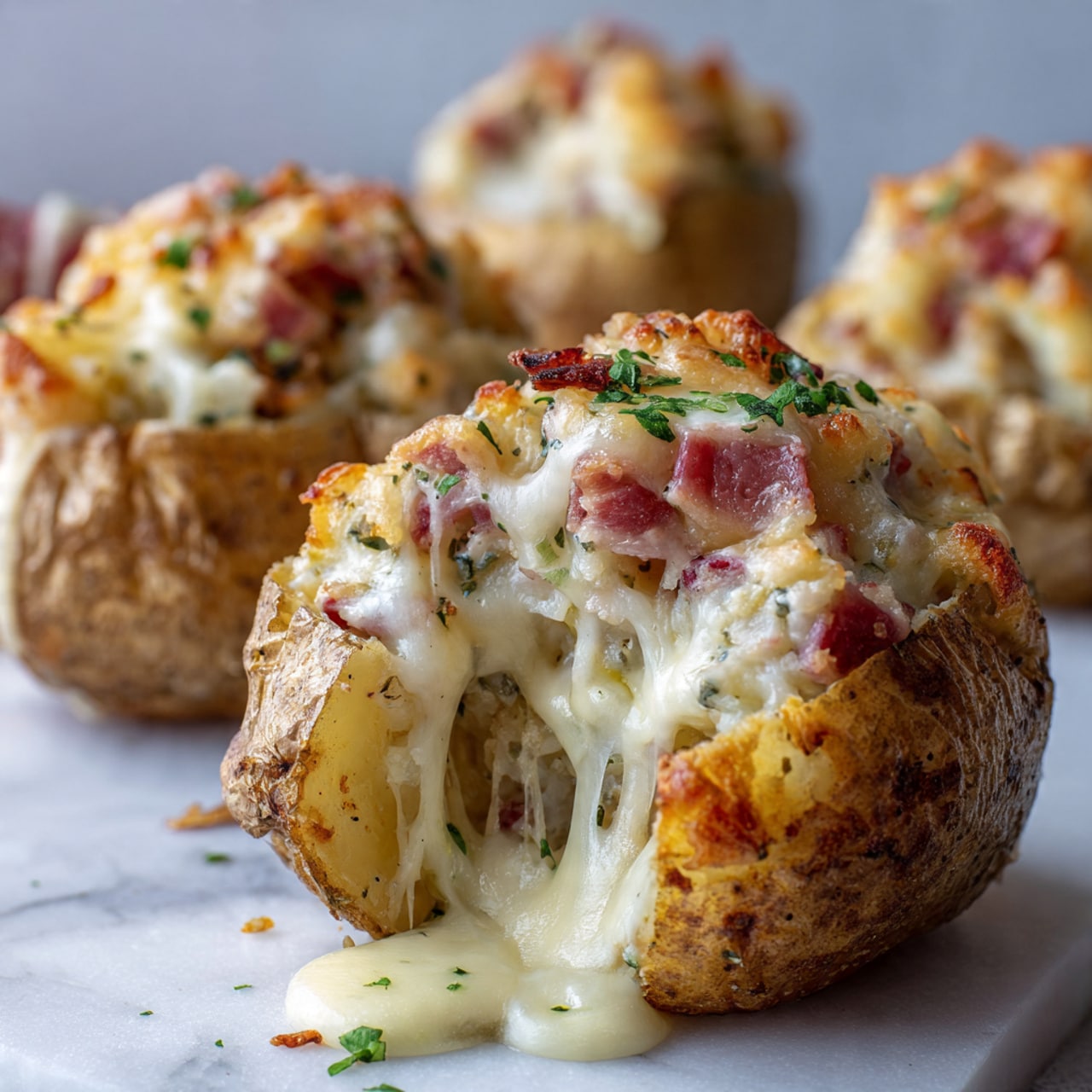 The image shows a close-up of a stuffed potato half sitting on a white marbled surface. The potato skin is rough and golden brown with slightly crisp edges. Inside, the potato is filled with creamy mashed potato mixed with small pieces of pinkish-red meat. On top, there is a thick layer of melted white and golden yellow cheese that drips down the potato, creating a gooey, rich texture. In the background, there are several more stuffed potatoes, slightly out of focus. Photo taken with an iphone --ar 4:5 --v 7