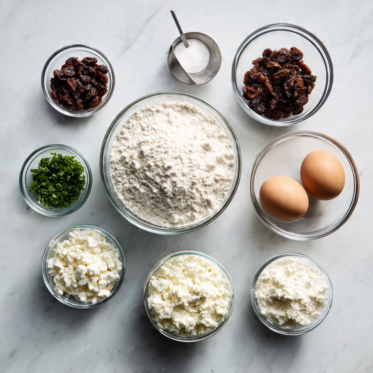 The image shows seven clear glass bowls and metal measuring cups arranged neatly on a white marbled surface. In the center, there is a large clear glass bowl filled with white flour. To the right, a medium clear glass bowl holds two brown eggs. Above it, another medium bowl contains dark brown dried fruit pieces. To the left of the flour bowl, a small bowl has green chopped herbs. Below that, a smaller clear glass bowl contains a fine white powder. On the left bottom corner, a metal measuring cup holds crumbled white cheese. On the right bottom corner, another metal measuring cup is filled with coarse white cottage cheese. All items are placed individually without overlap, with natural lighting illuminating the scene. Photo taken with an iphone --ar 4:5 --v 7