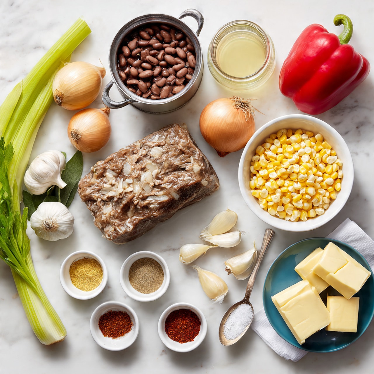 The image shows a variety of ingredients arranged neatly on a white marbled surface. In the center, there is a cooked piece of meat with a browned and textured surface. To its right, there are two whole onions with light brown skin and a glass jar filled with a light yellow liquid. Above the meat, a metal cup is filled with dark brown beans. To the left of the meat, a white bowl contains light yellow corn kernels, and above it, another white bowl has a thick yellow mixture. Stalks of green celery with leaves lie to the far left, next to several white garlic cloves scattered around. Near the bottom left, there are small white bowls holding various spices: a red powder, a light yellow powder, and a small amount of salt. There are also cubes and slices of pale yellow butter on white paper. A red bell pepper and a blue bowl with a white powder and a small spoon are seen near the center top. The overall setting is bright and clean with the ingredients clearly visible. Photo taken with an iphone --ar 4:5 --v 7