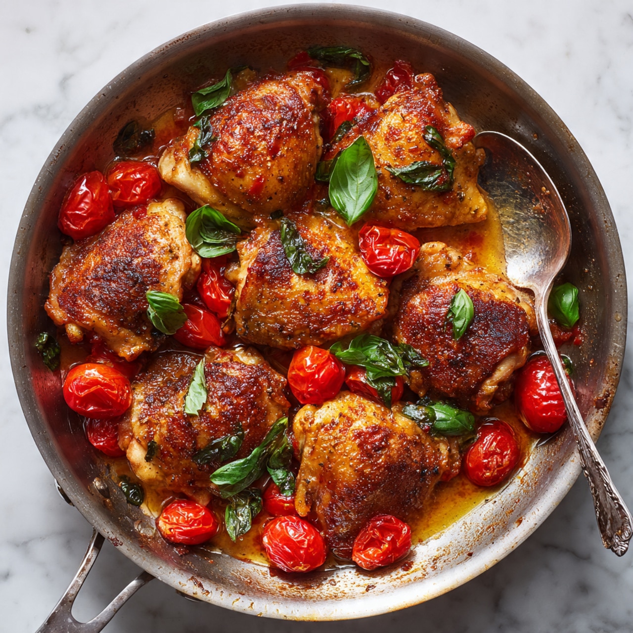 A silver pan holds six browned chicken thighs with crispy, golden-brown skin, spread evenly across the pan. Around and under the chicken thighs are cooked, soft red cherry tomatoes that look juicy and tender. Bright green fresh basil leaves are scattered over the chicken and tomatoes, adding a fresh pop of color. A silver spoon rests inside the pan on the right side, partially covered with the red tomato sauce. The pan sits on a white marbled surface with some slight cooking stains near the edges. Photo taken with an iphone --ar 4:5 --v 7