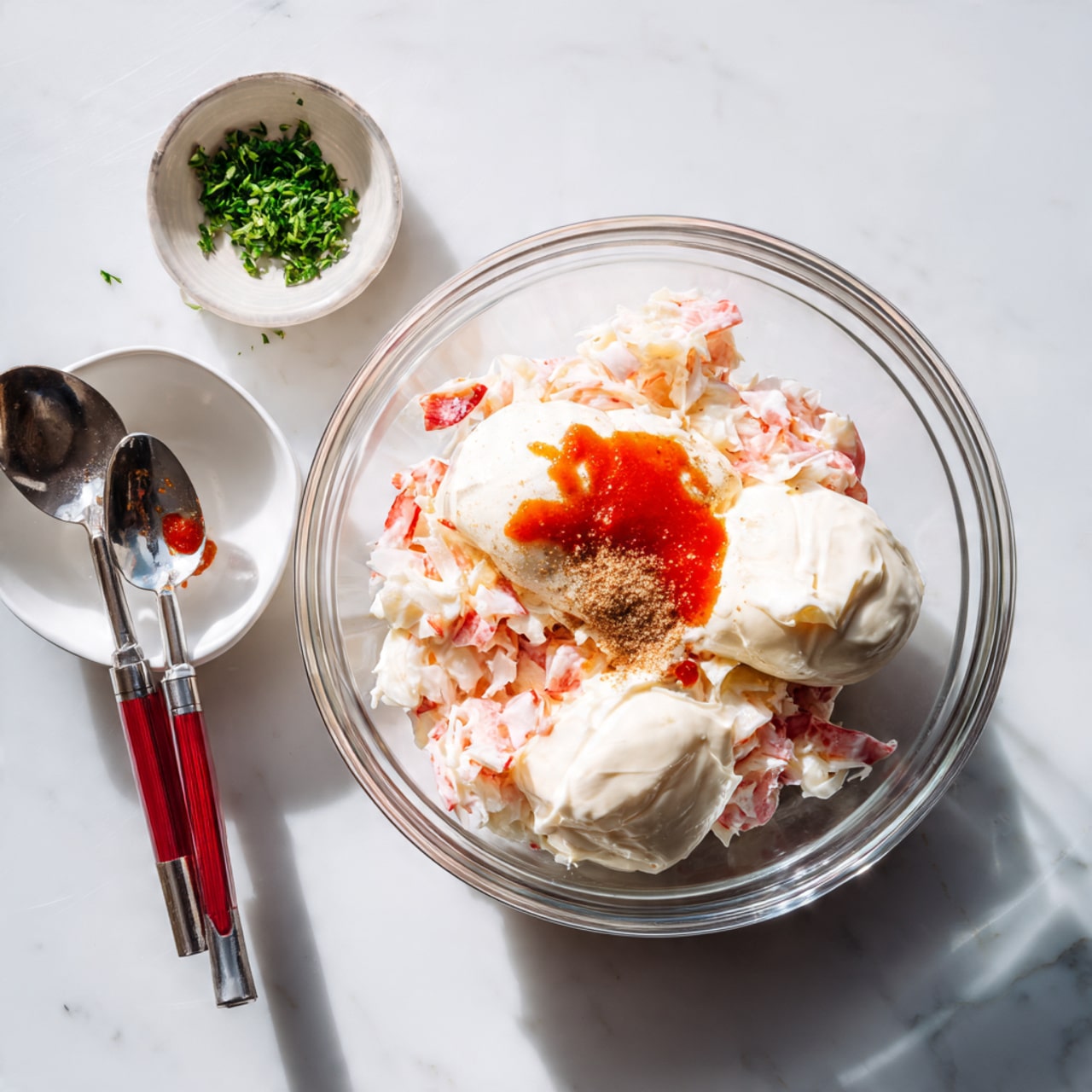 A clear glass bowl sits in the center on a white marbled surface, filled with a base layer of finely chopped white and pink pieces, likely imitation crab. On top, there are three dollops of thick white creamy substances, two larger ones and a smaller one with some red sauce splashed onto it. A small brown powdery spice is placed near the creamy dollops, and a small pile of bright green chopped herbs sits on top. Nearby, a small white bowl holds some red sauce residue, and a clear glass bowl contains two shiny measuring spoons with red and silver handles. The scene is brightly lit with soft natural light, emphasizing fresh textures and colors photo taken with an iphone --ar 4:5 --v 7