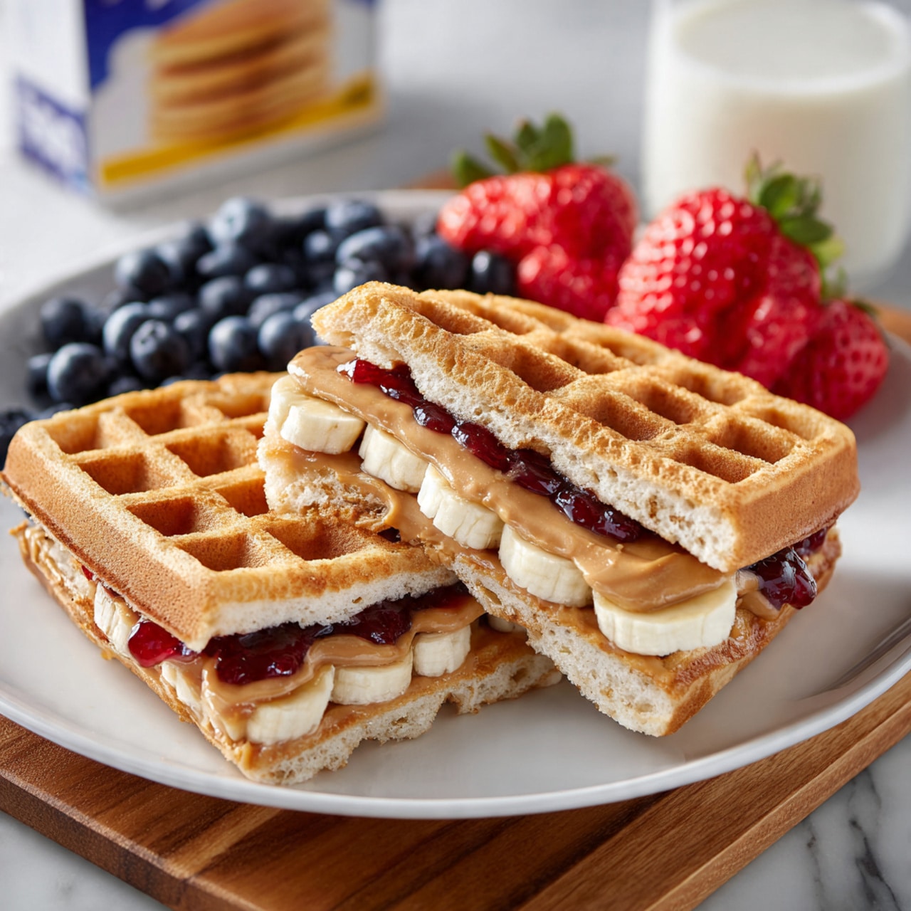 A white plate holds a waffle sandwich cut into two halves, each half showing three layers inside: creamy light brown peanut butter at the bottom, a middle layer of sliced bananas in pale yellow, and a top layer of bright red jelly. The waffle exterior is golden with a grid texture. Behind the sandwich on the plate are two piles of fresh fruit: dark blue blueberries and bright red strawberry slices. The plate sits on a wooden board with a white marbled surface underneath. In the background, a glass of milk and a box of Eggo waffles are visible, slightly out of focus. photo taken with an iphone --ar 4:5 --v 7