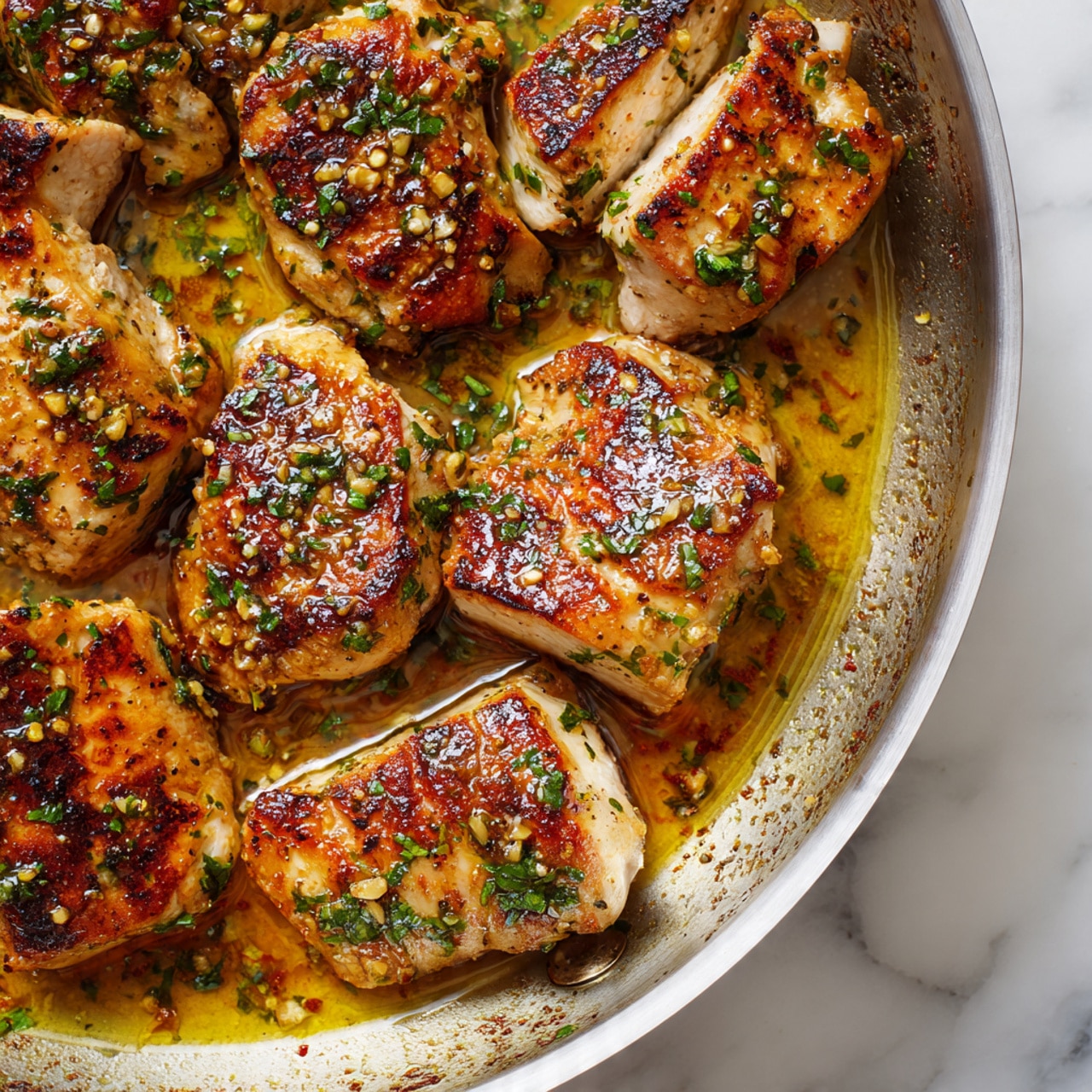 A close-up view of cooked chicken pieces in a pan, showing two main layers. The top layer is golden brown chicken slices with a shiny, slightly oily surface, sprinkled with green herbs and small bits of seasoning. The chicken pieces have a moist texture with clear grill marks and are arranged in a scattered but close pattern. The bottom layer is a rich, amber-colored sauce with oil droplets and herbs visible, pooling around the chicken. The pan has a metallic look with some browned bits sticking to the edges. The whole scene is captured on a white marbled surface. photo taken with an iphone --ar 4:5 --v 7