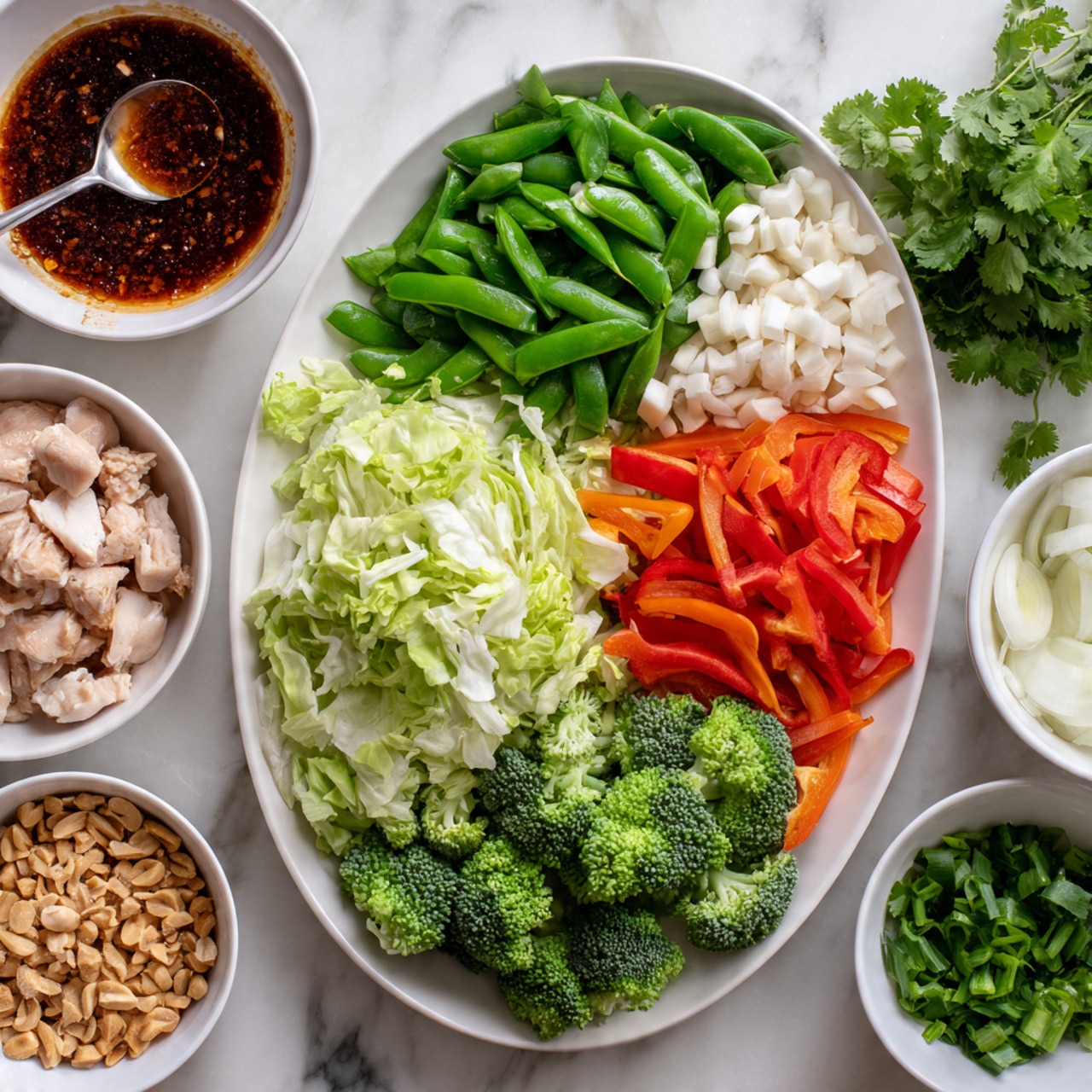 The image shows a white oval plate filled with six sections of fresh, colorful vegetables: light green chopped napa cabbage on the left, bright green snap peas next to it, red and orange sliced bell peppers to the right, white sliced mushrooms below the snap peas, and green broccoli florets on the far right. Around this plate, there are four white bowls: the top left bowl holds a dark reddish-brown thick sauce with a spoon, the bottom left bowl contains pale pink diced chicken pieces, a small bowl on the bottom right holds crushed peanuts with a light brown color, and the top right bowl has thinly sliced white onions. On the white marbled surface in the top right corner, there is a small bunch of fresh green cilantro leaves. photo taken with an iphone --ar 4:5 --v 7