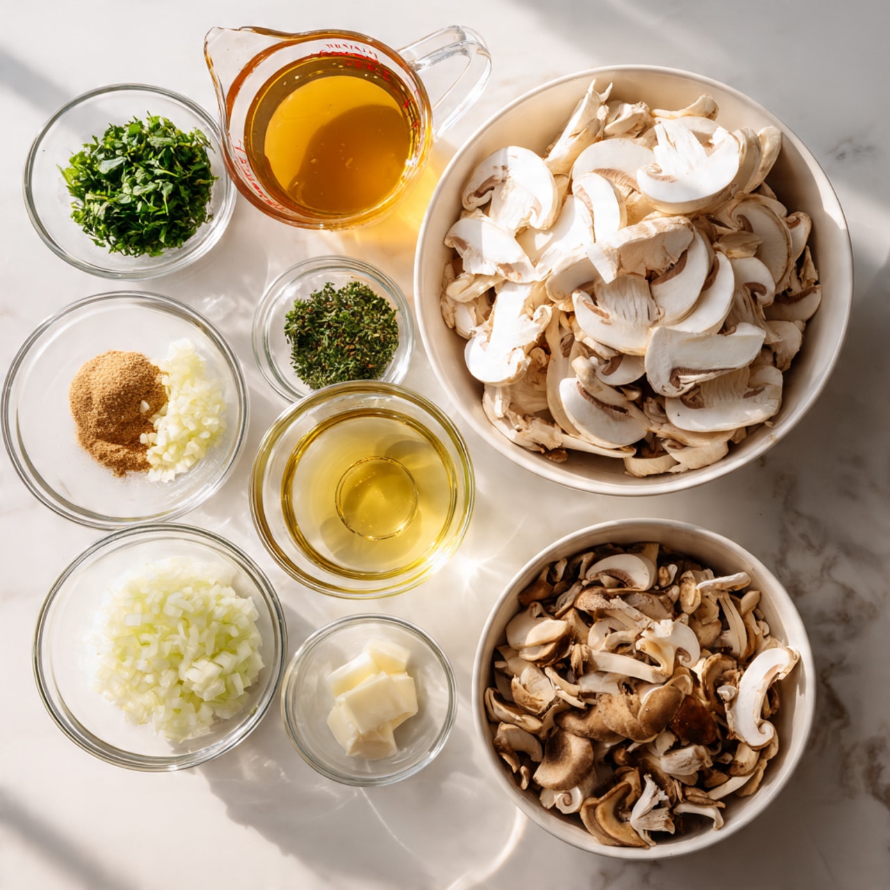 The image shows a white marble surface with several clear glass bowls and a white pan filled with ingredients. In the center is a white bowl stacked with sliced white and brown mushrooms. Surrounding it are smaller clear bowls holding finely chopped shallots, fresh green herbs, chopped garlic, a light brown powder, and a pale yellow liquid. A transparent measuring cup with a golden brown broth and another measuring cup filled with white cream are also visible. A white pan at the front holds a mix of cooked and raw sliced mushrooms. The setup is clean and organized, with soft natural light and a slight shadow. Photo taken with an iphone --ar 4:5 --v 7