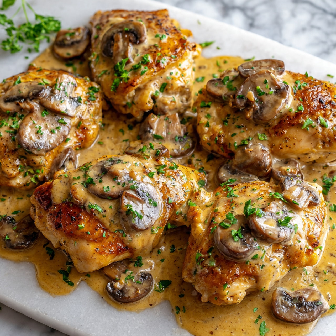 The image shows several pieces of golden brown cooked chicken, each covered with a thick, light brown mushroom sauce. Sliced mushrooms are scattered evenly over the chicken, with some whole mushrooms mixed in. Small green parsley bits are sprinkled across the dish, adding a fresh color contrast. The chicken pieces have a slightly crispy texture, while the sauce looks smooth and creamy, almost pooling around the chicken. The overall look is warm and hearty, placed on a white marbled surface. photo taken with an iphone --ar 4:5 --v 7