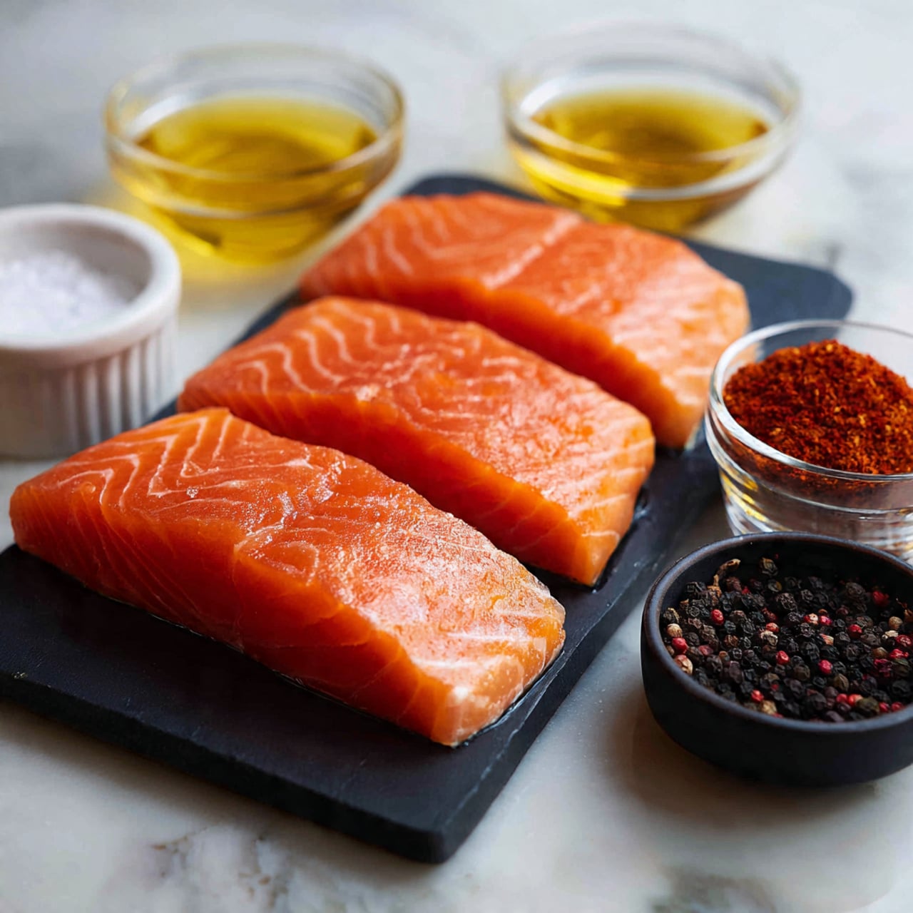 Four pieces of raw salmon with bright orange color and smooth texture are neatly lined up on a dark stone tray. Around the salmon, there are small clear glass bowls filled with golden olive oil, red spice powder, and dark soy sauce, all placed on a white marbled surface. A small white bowl with coarse sea salt and a black bowl with black peppercorns are also nearby. The image has soft lighting that makes the colors of the salmon and spices look rich and fresh. Photo taken with an iphone --ar 4:5 --v 7