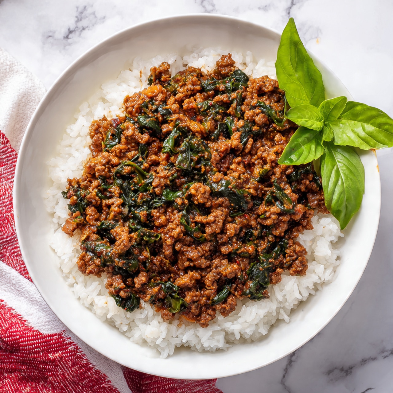 The image shows a white bowl with a layer of cooked white rice at the bottom, topped with a thick layer of cooked minced meat mixed with dark green wilted spinach. The meat mixture is brownish with a slightly oily texture, spread evenly over the rice. There are a few fresh green basil leaves placed on one side of the bowl for garnish. The bowl sits on a white marbled surface with some red and white cloth partially visible nearby. Photo taken with an iphone --ar 4:5 --v 7