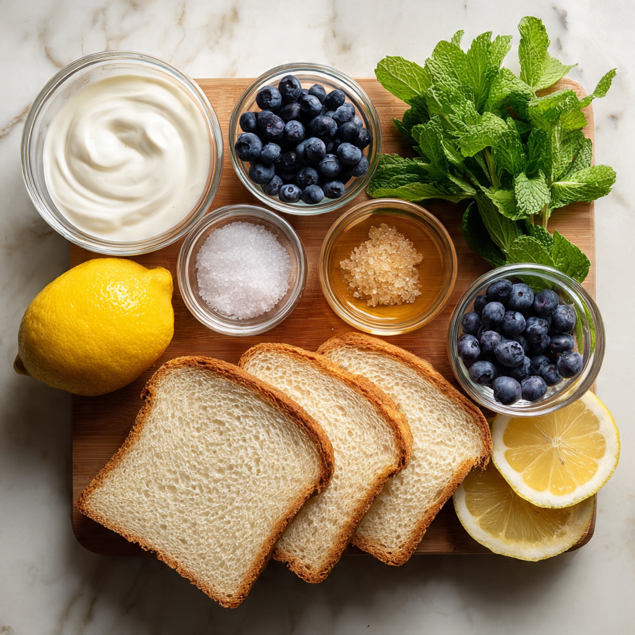 The image shows a wooden board with five slices of light brown bread placed at the bottom. Above the bread, there are several small clear glass bowls arranged neatly. One bowl is filled with white cream, another has fresh blueberries, one contains honey, and another holds salt crystals. There is also a whole yellow lemon to the left and a bunch of fresh green mint leaves on the top right. In the top left corner, a larger glass bowl with a white liquid is visible, all set on a white marbled surface. photo taken with an iphone --ar 4:5 --v 7