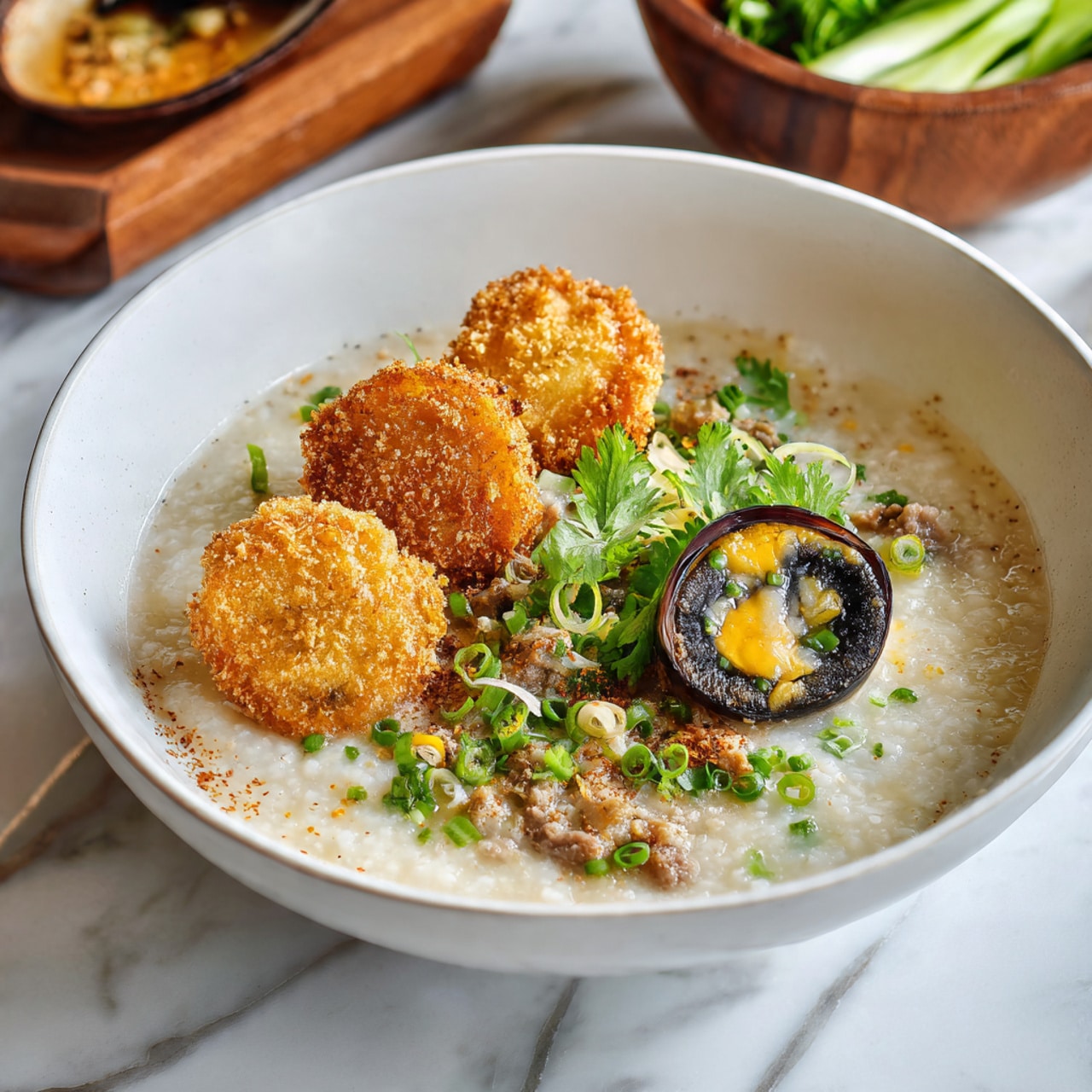 The dish is a white bowl filled with a creamy, light beige rice porridge base. On top, there are three golden-brown fried dough pieces clustered to one side, showing a crispy and airy texture. Next to the dough sits a dark translucent century egg half with a deep black outer layer and greenish-gray yolk inside. Small pieces of light brown meat are mixed into the porridge, scattered around with bright green chopped spring onions and cilantro leaves adding fresh color to the dish. The bowl is placed on a white marbled surface with a glimpse of a wooden bowl with green vegetables blurred in the background. Photo taken with an iphone --ar 4:5 --v 7