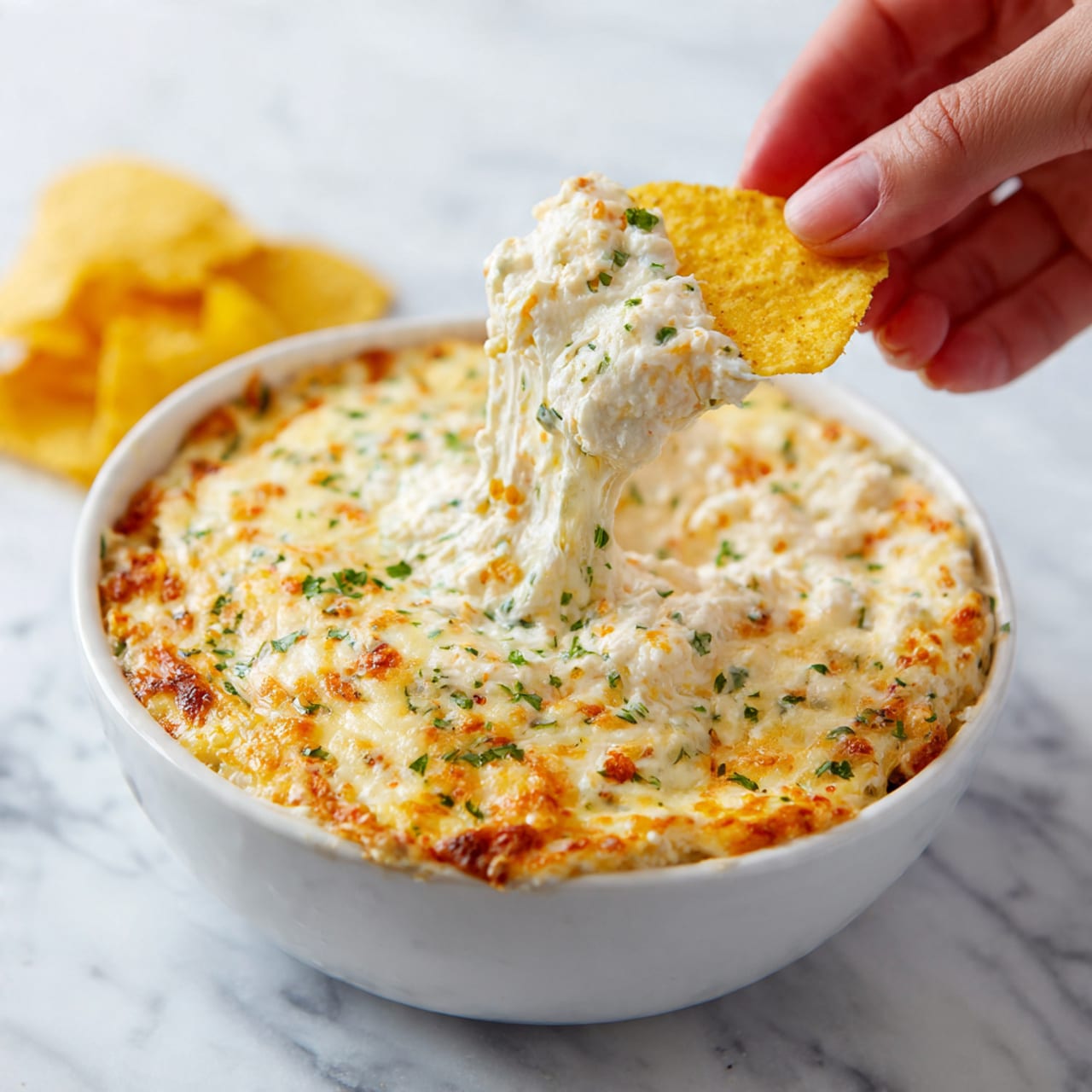 A white bowl filled with a creamy, cheesy dip that has a golden, slightly browned top layer with small green bits scattered across it. The dip underneath looks thick, white, and rich, with bits of orange mixed in, creating a textured surface. A woman's hand holds a yellowish tortilla chip that is dipped deeply into the cheese, lifting it up with stretchy, melted cheese strands connecting the chip and the bowl. The background is a white marbled texture. photo taken with an iphone --ar 4:5 --v 7