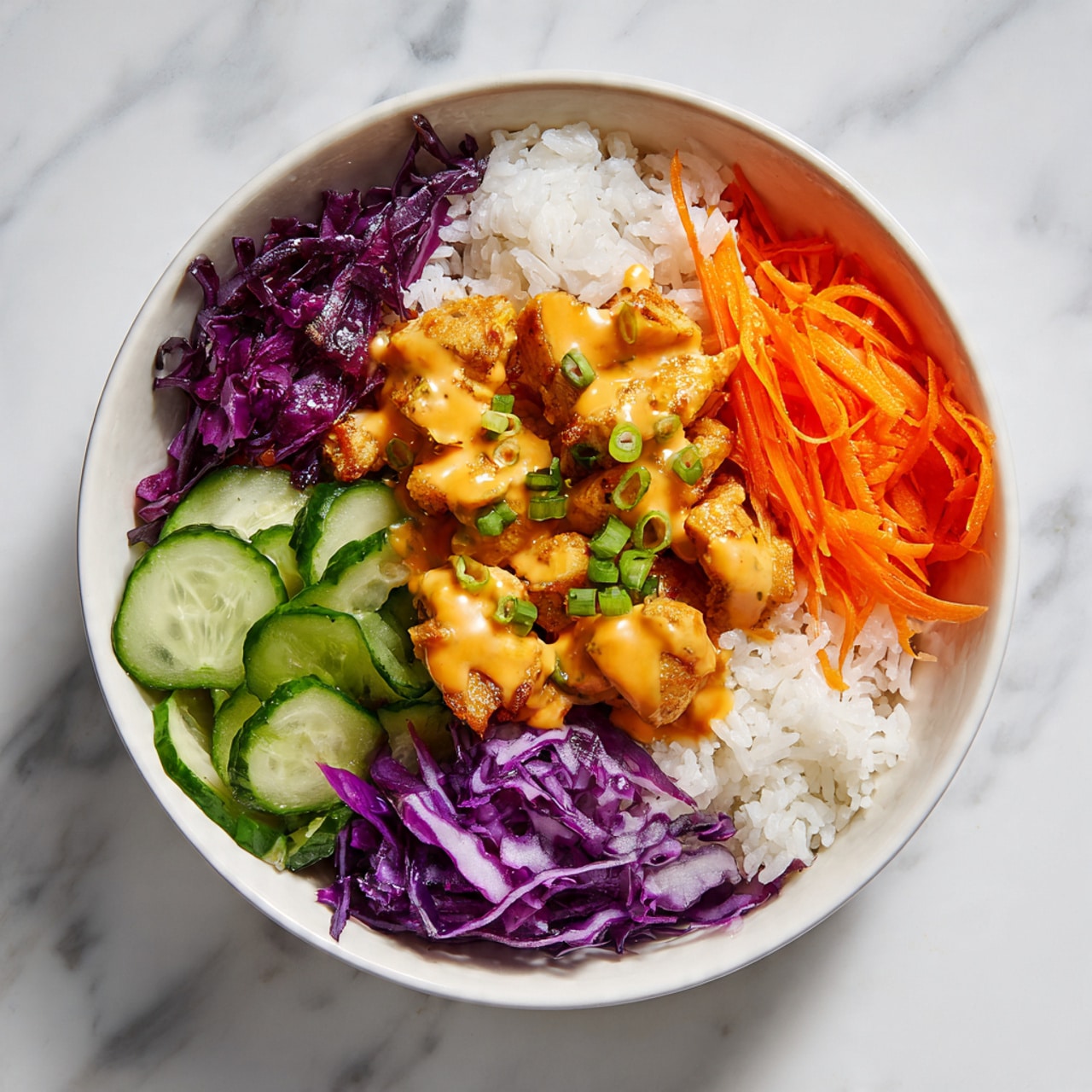The image shows a round white plate filled with several chunks of browned grilled meat covered in a creamy white sauce with visible green herbs scattered throughout. The meat pieces are golden-brown with a slightly crispy, charred texture, and they are partially submerged in the thick, herb-speckled sauce. The sauce has a smooth, creamy texture and spreads evenly around the meat. The plate sits on a white marbled surface with soft natural light highlighting the textures and colors. Photo taken with an iphone --ar 4:5 --v 7