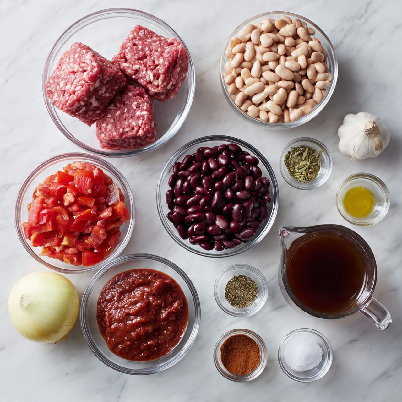 The image shows a top view of several clear glass bowls and ingredients arranged on a white marbled surface. The largest bowl holds two blocks of raw ground meat with a pinkish-red color and some white fat. Next to it, a medium bowl contains three slices of raw bacon with white fat and pink meat stripes. Nearby, a bowl is filled with dark red kidney beans, and another with black beans that look shiny. There is another bowl with smaller light brown beans. Three peeled garlic cloves and a whole yellow onion with skin are placed beside the beans. To the left, a bowl contains chunky red diced tomatoes, and below it, a smaller bowl has thick red tomato paste. On the top right, six small bowls hold different spices in colors like bright red, greenish-gray, light brown, and white. A clear glass measuring cup filled with dark brown liquid is also present. The arrangement is neat and evenly spaced. photo taken with an iphone --ar 4:5 --v 7