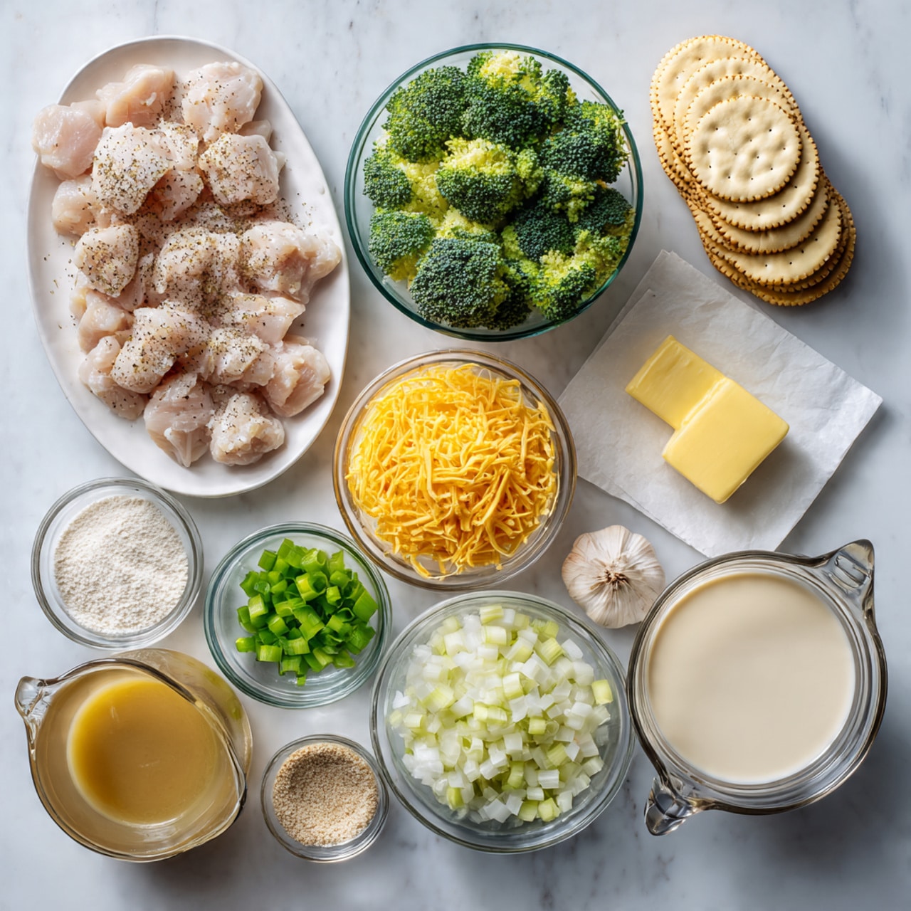 The image shows various ingredients for cooking on a white marbled surface. There is one large white oval plate filled with small pieces of raw chicken seasoned with black pepper at the bottom left. To the right, a clear glass bowl is full of fresh green broccoli florets. Above the chicken, a small glass bowl contains white chopped onions, next to it another small glass bowl has chopped green celery. At the center, a medium glass bowl holds a pile of shredded cheddar cheese in light orange color. Around these, there are smaller bowls: one with white flour, one with a light brown powder (possibly breadcrumbs), and one with a yellow creamy mustard-like sauce. There are also two large measuring glass cups; one with light brown broth and the other with a thick white liquid, possibly cream. At the top right are stacked round crackers, and next to them is a stick of yellow butter on white paper with three cloves of garlic nearby. Everything is neatly arranged photo taken with an iphone --ar 4:5 --v 7