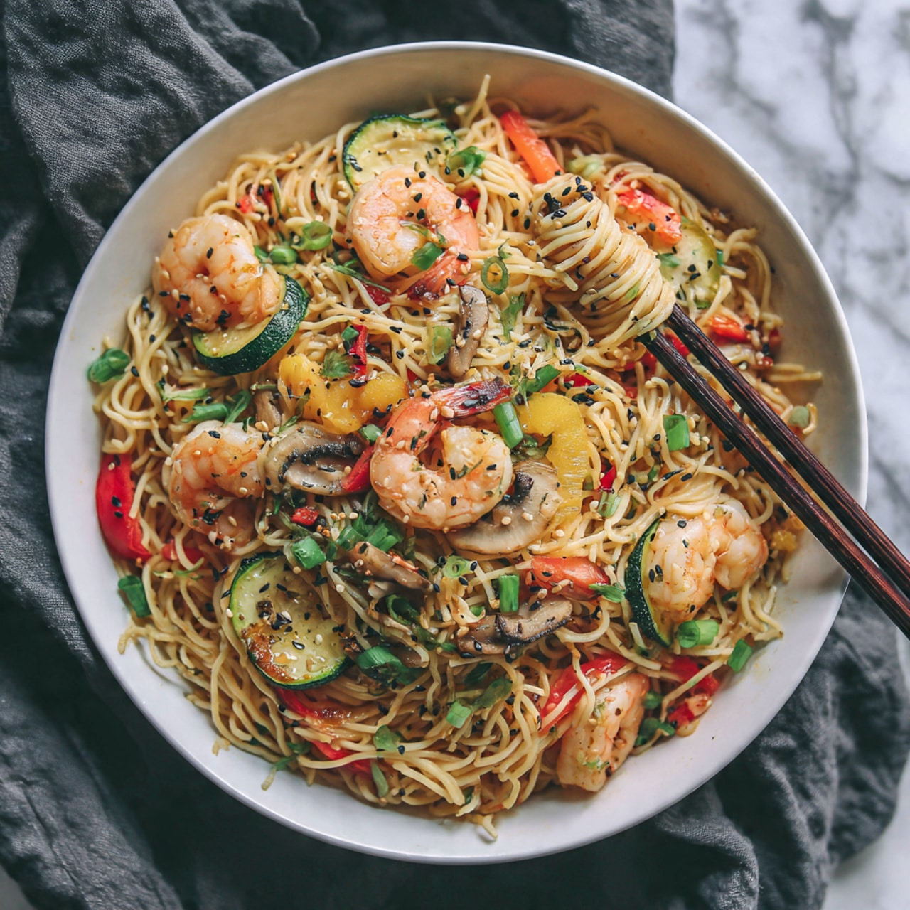 A white bowl filled with layers of light golden noodles mixed with pink shrimp scattered on top and throughout. The noodles are entwined with dark brown wooden chopsticks holding some strands near the top right. Bright green zucchini slices with a slightly grilled texture and small pieces of red and yellow bell peppers add vivid color. White and brown mushrooms are mixed in, as well as small bits of orange carrot. Thin slices of golden-brown garlic and black sesame seeds are sprinkled over everything, with chopped green onions completing the mix. The bowl sits on a draped dark gray cloth over a white marbled surface. Photo taken with an iphone --ar 4:5 --v 7