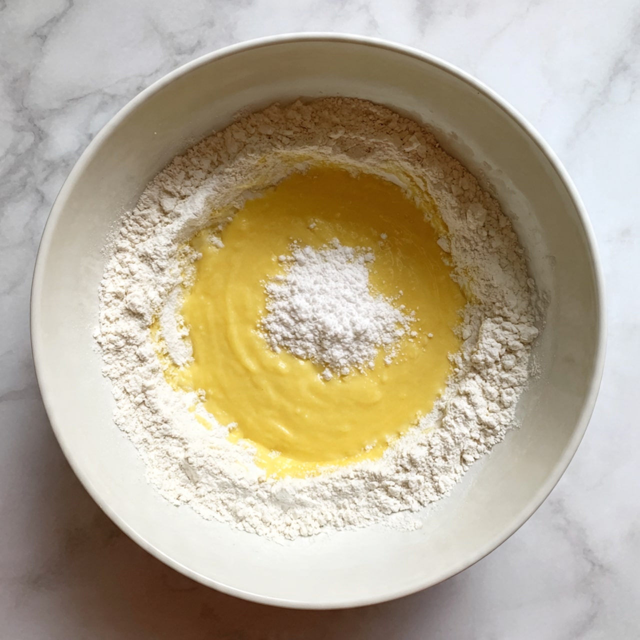 A white bowl filled with a yellow batter that is smooth and shiny, with white flour unevenly spread around the edges inside the bowl, and a small dollop of flour in the middle on top of the batter. The bowl is placed on a white marbled surface. photo taken with an iphone --ar 4:5 --v 7