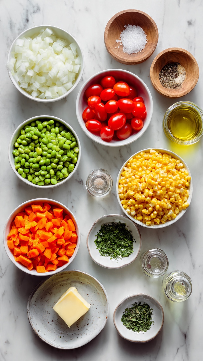 The image shows several small white bowls and one small white plate on a white marbled surface, each holding different chopped ingredients. At the top left, there is a bowl filled with small white onion pieces. Below that, a bowl contains bright red cherry tomatoes cut in half. To the right, there is a bowl filled with yellow corn kernels. In the bottom left, a bowl contains green edamame beans, and next to it on the right, a bowl holds small orange carrot pieces. At the bottom center, a small plate has a piece of yellow butter. There are two small white bowls containing chopped green herbs next to the plate. Above these, two small wooden bowls hold salt and pepper, and two small clear glass bottles of seasonings lie horizontally side by side. A small glass container with light yellow oil is present near the middle of the setup. Overall, the colors are very bright and fresh, and the arrangement is neat and organized. Photo taken with an iphone --1:1