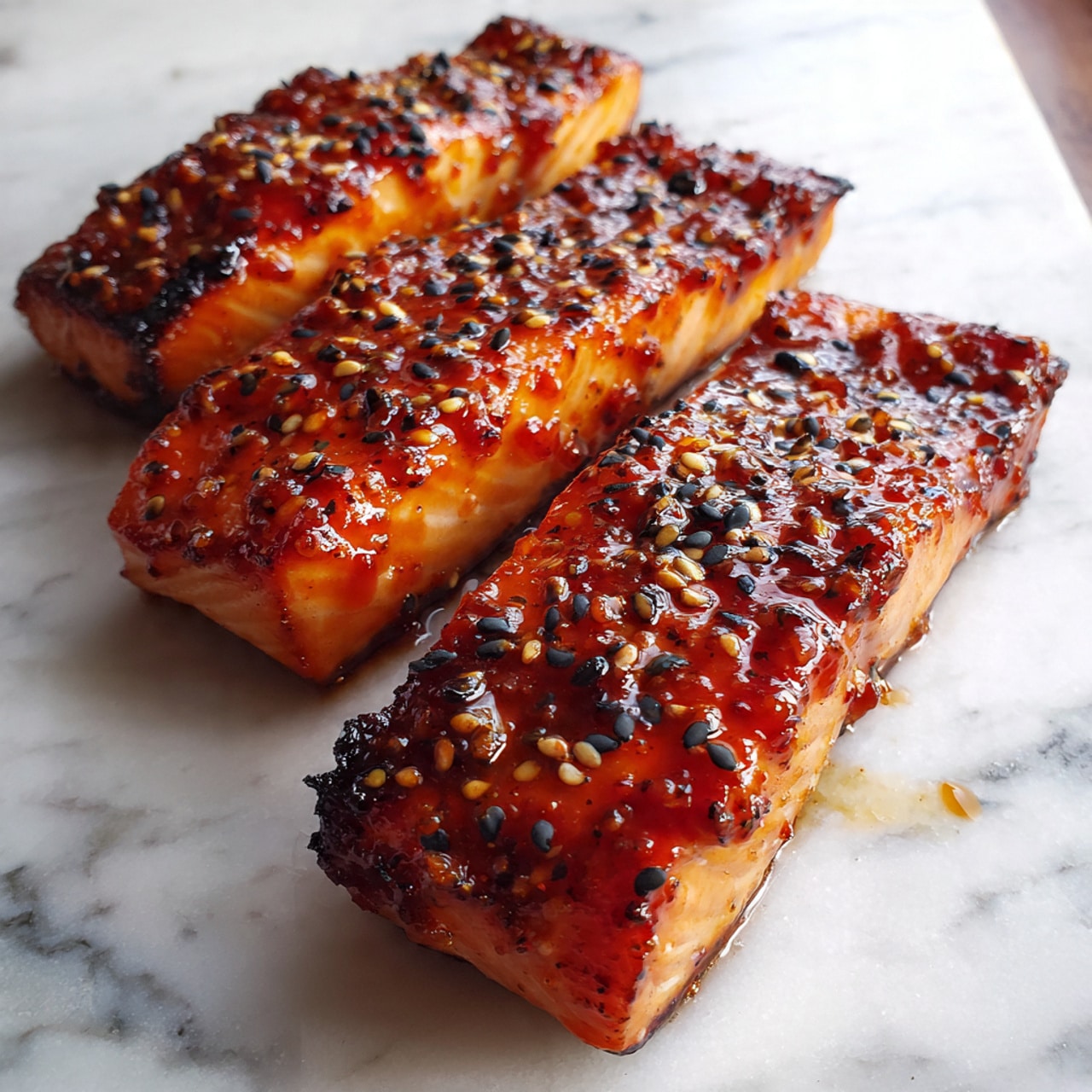 The image shows three thick rectangular pieces of cooked salmon glazed with a shiny, sticky reddish-brown sauce with visible black sesame seeds scattered across the top. The salmon pieces have a slightly charred texture on the surface with a caramelized look, sitting side by side on a white marbled surface that reflects the light. Photo taken with an iphone --ar 4:5 --v 7