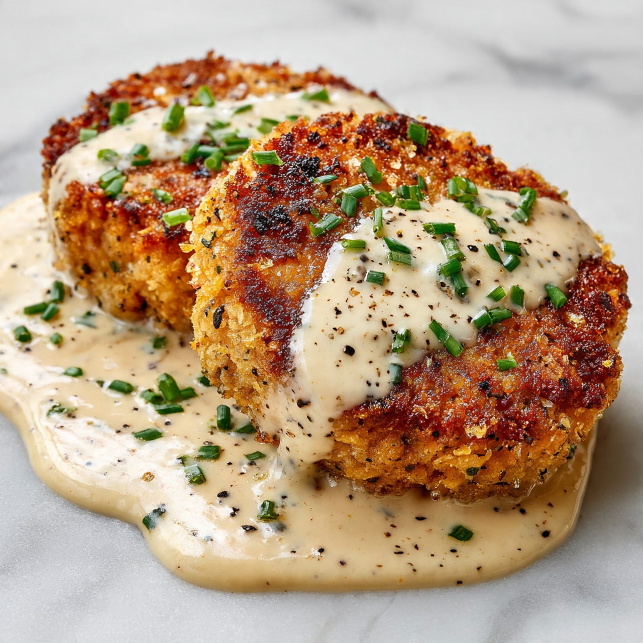 The image shows a close-up of two golden brown crispy fried patties covered with a creamy light beige sauce that has specks of black pepper. The patties have a textured, crunchy surface and are sprinkled generously with finely chopped green herbs, likely chives, adding a fresh pop of color. The sauce pools around the patties on a white marbled surface, enhancing the contrast between the creamy sauce and the crispy patties. photo taken with an iphone --ar 4:5 --v 7