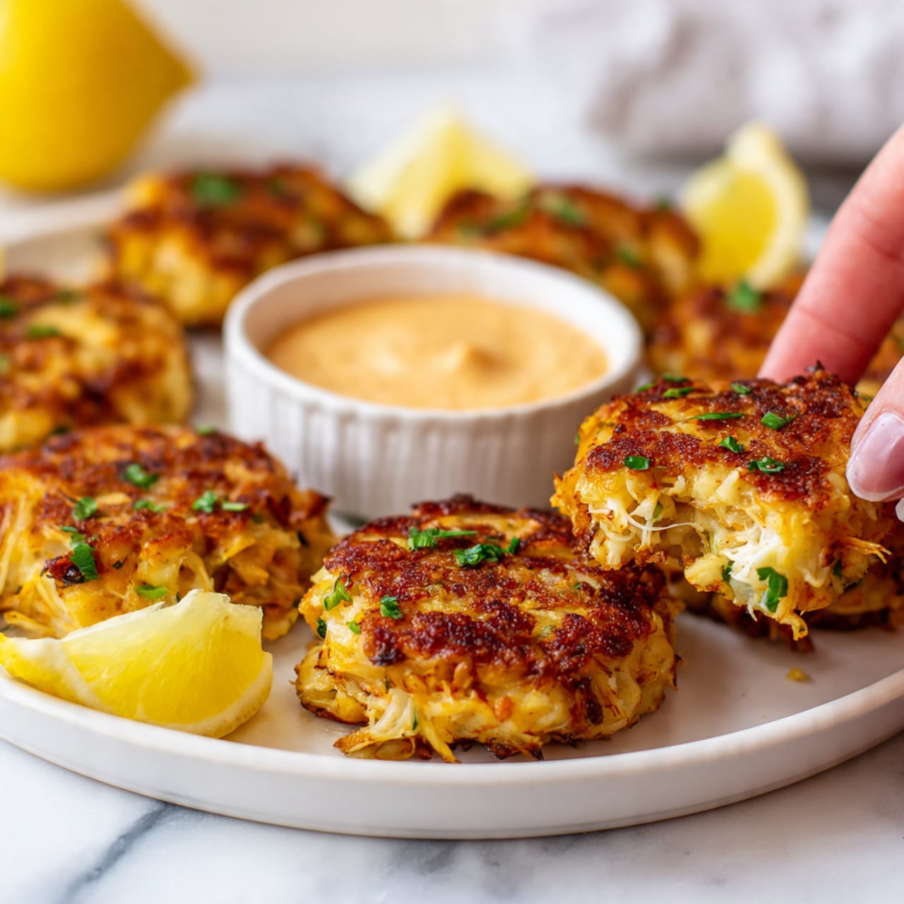 The image shows a close-up of golden brown crab cakes placed on a white plate, each crab cake having a crispy and slightly uneven textured surface with small bits of crab meat and green herbs visible inside. The crab cakes are arranged in a cluster with one in the front in sharp focus, showing a moist and chunky inside. To the side of the plate, there is a small white bowl filled with creamy, light orange dipping sauce, and several wedges of fresh yellow lemon are placed around the crab cakes for garnish. The background surface is white marbled texture, adding a clean and bright contrast to the warm colors of the food. A woman's hand is gently holding one crab cake on the edge of the plate. Photo taken with an iphone --ar 4:5 --v 7