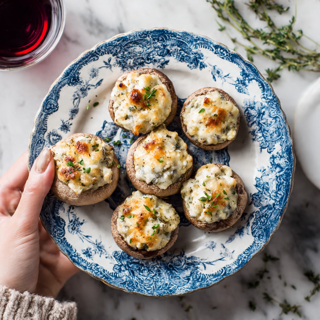 A white plate with a blue pattern holds seven stuffed mushrooms, each filled with a creamy white mixture topped with small green herb pieces. The mushrooms are light brown and the stuffing looks soft and slightly browned on top. A woman's hand is gently holding one of the mushrooms above the plate. The plate sits on a surface with a white marbled texture, and some green herbs are scattered around nearby. A glass with a dark red drink is slightly visible in the background. Photo taken with an iphone --ar 4:5 --v 7