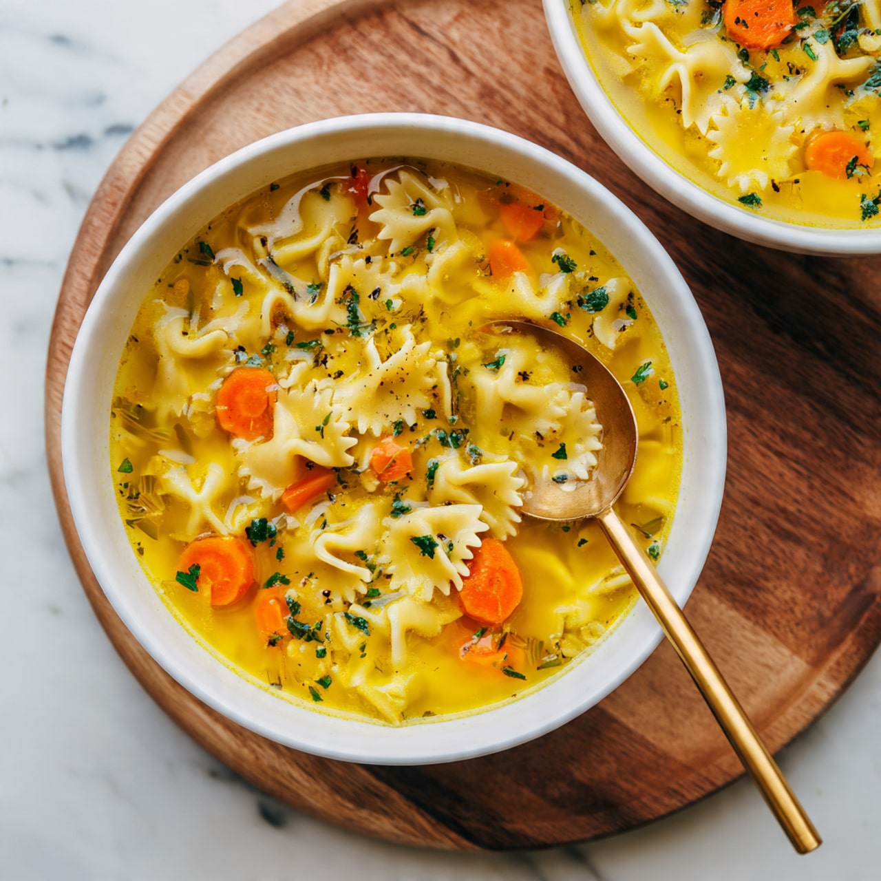 A white bowl filled with a bright yellow soup that has small star-shaped pasta floating in it. Inside the soup, there are orange carrot slices, some cut into flower shapes, and small pieces of yellow vegetables. There are green herb pieces sprinkled through the soup. A gold spoon is partly in the bowl on the right side, holding some of the soup. The bowl sits on a round wooden board, and the background is a white marbled texture. photo taken with an iphone --ar 4:5 --v 7