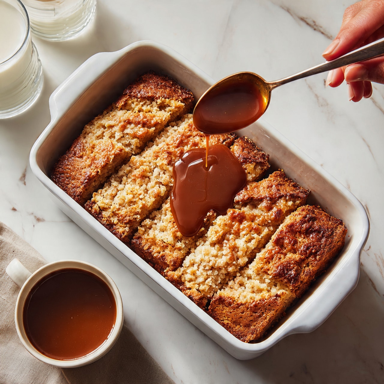 The image shows a white rectangular baking dish with a baked dessert inside, featuring several diagonal slices of light golden toasted bread on top, surrounded by a brown, soft-textured base that looks like baked oatmeal or bread pudding. A woman's hand is holding a spoon with a glossy brown sauce or syrup above the dish, about to drizzle it over the bread slices. The dish rests on a white marbled surface, and in the background, there is a clear glass of milk and a small white bowl with more of the brown sauce. Photo taken with an iphone --ar 4:5 --v 7