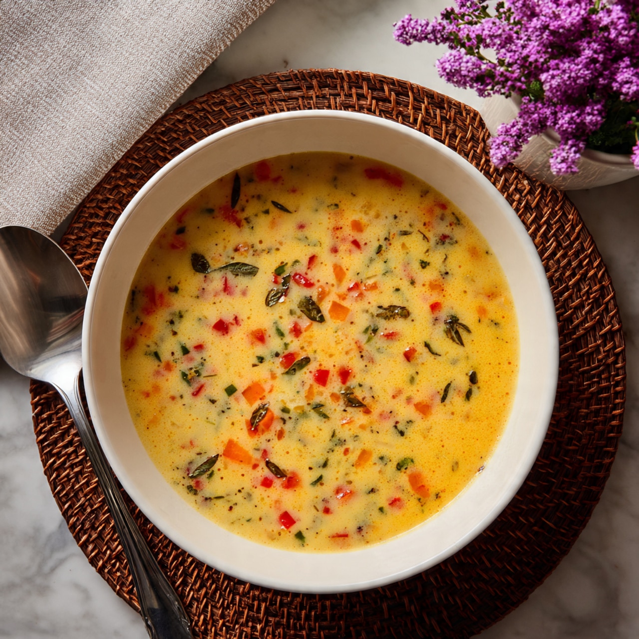 The image shows a white bowl filled with a creamy soup that has many small pieces of red, orange, and green vegetables mixed evenly throughout. The soup surface looks smooth with a light yellowish color. The bowl is placed on a brown woven placemat, next to a spoon on the left side. At the top right, there is a white vase with purple flowers, all set on a white marbled surface. photo taken with an iphone --ar 4:5 --v 7