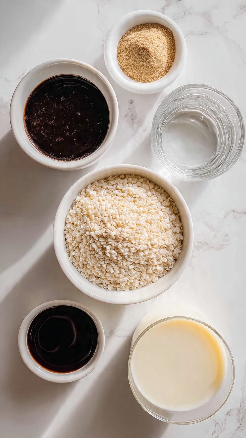 The image shows six small white bowls and one glass cup arranged neatly on a white marbled surface. The central white bowl is full of small beige grains. Surrounding it are five small white bowls containing different liquids and powders: one has a dark red liquid, another a light brown sauce, one has a white powdery substance, and two have clear or light-colored liquids. In the top right is a clear glass cup filled with a white liquid. The setup looks clean and bright with soft natural light. photo taken with an iphone --ar 4:5 --v 7