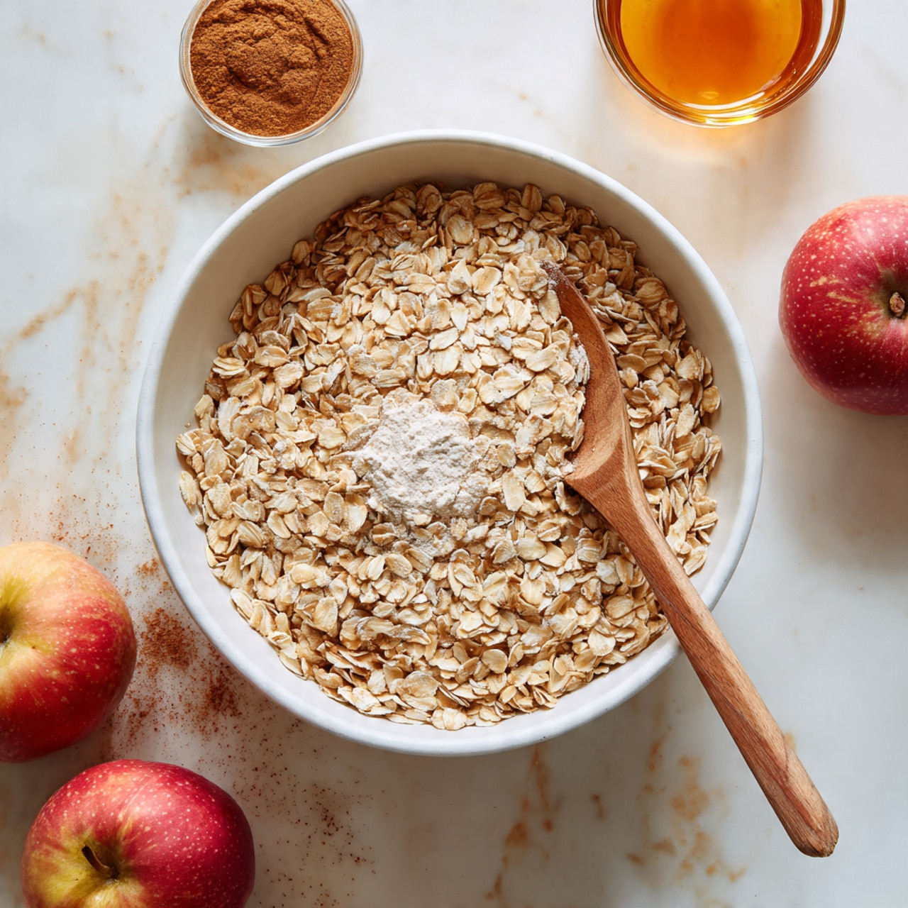 A white bowl filled with light brown rolled oats mixed evenly, with a small white powdery circle in the center. A wooden spoon rests inside the bowl on the right side, partially submerged in the oats. The bowl sits on a white marbled surface surrounded by whole apples, a glass cup of honey, and a small bowl of brown cinnamon powder, creating a warm and cozy setting. The colors are soft and natural, focusing on beige and brown tones with red apples around. photo taken with an iphone --ar 4:5 --v 7