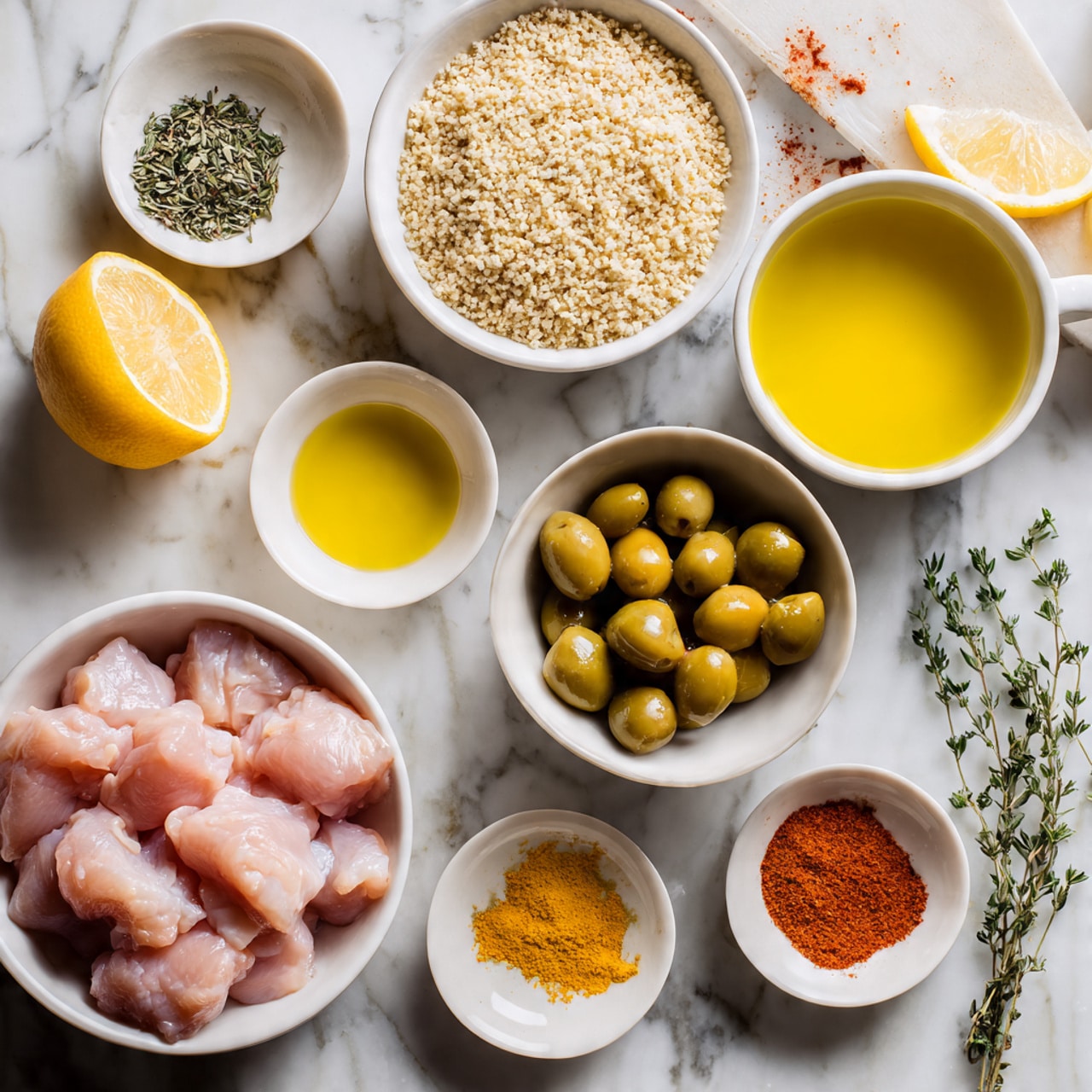 The image shows a top view of a white marbled surface with several white dishes arranged neatly. In the bottom left, there is a white bowl filled with raw chicken pieces, light pink in color and smooth in texture. To the right of it, there is a white cup filled with light yellow liquid, likely broth. Above this, another white bowl holds beige grains, possibly rice, with a slightly rough texture. A bowl with green olives sits in the middle, their shiny surface and firm texture clearly visible. Around these bowls, there are small white dishes containing yellow oil, bright yellow lemon cut in half, green thyme sprigs, orange, and red powdered spices, each with fine texture. A woman's hand is reaching from the top right corner, placed on the surface near the dishes. The photo taken with an iphone --ar 4:5 --v 7