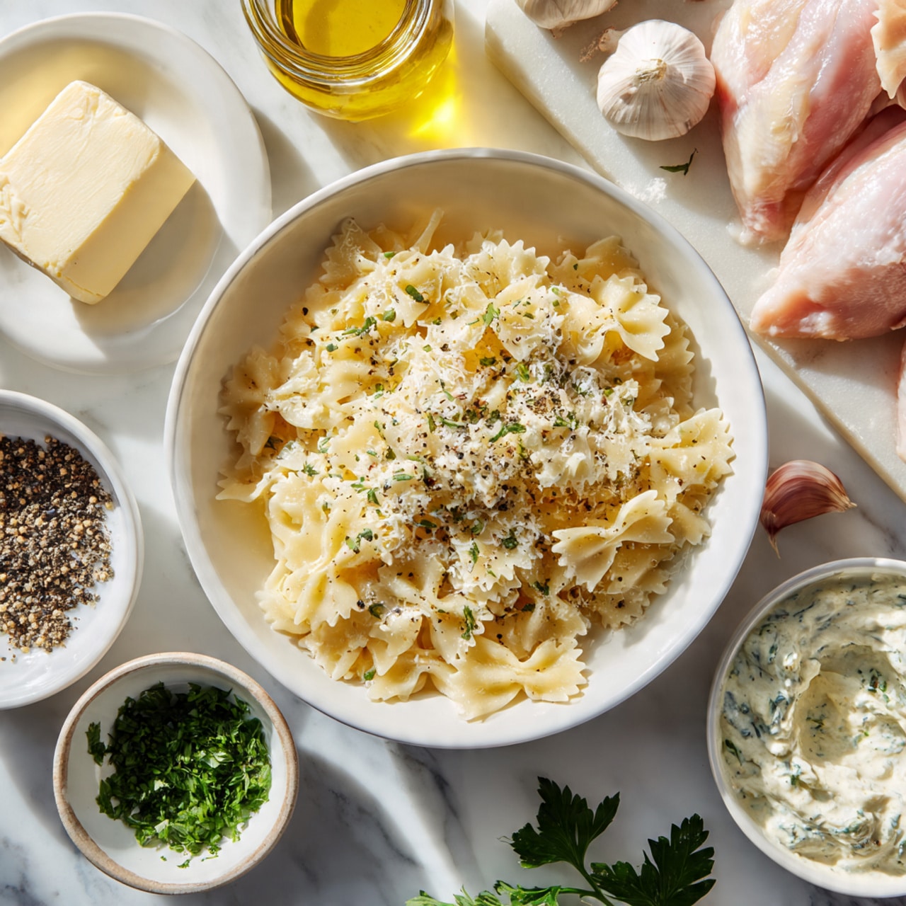 A white bowl at the center is filled with cooked farfalle pasta, topped with some black pepper. Surrounding the bowl are smaller white bowls holding finely chopped green herbs, a creamy white sauce with herbs on top, grated cheese with black pepper, and black pepper in coarse form. On the upper left, there is a white bowl with a block of butter, a small glass jar with olive oil, and whole garlic cloves scattered nearby. On the upper right, raw chicken pieces lay on a white marbled cutting board, next to whole garlic bulbs and some fresh parsley sprigs. The whole scene is arranged on a white marbled surface, bathed in warm natural light. Photo taken with an iphone --ar 4:5 --v 7