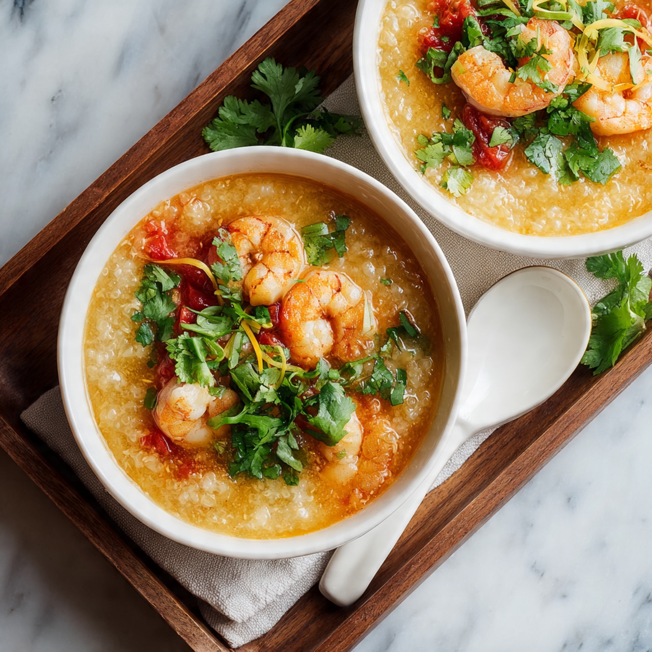 The image shows two white bowls filled with a warm soup that has a thick texture with visible grains of rice or porridge. The soup has layers including soft orange shrimp pieces on top and bright red tomato chunks scattered through it. Fresh green cilantro leaves and thin yellow strips of ginger are spread over the surface adding color contrast. The closer bowl sits on a rough white cloth with some cilantro leaves around it, all arranged on a brown wooden tray with a white ceramic spoon resting nearby. The background is a white marbled surface. Photo taken with an iphone --ar 4:5 --v 7