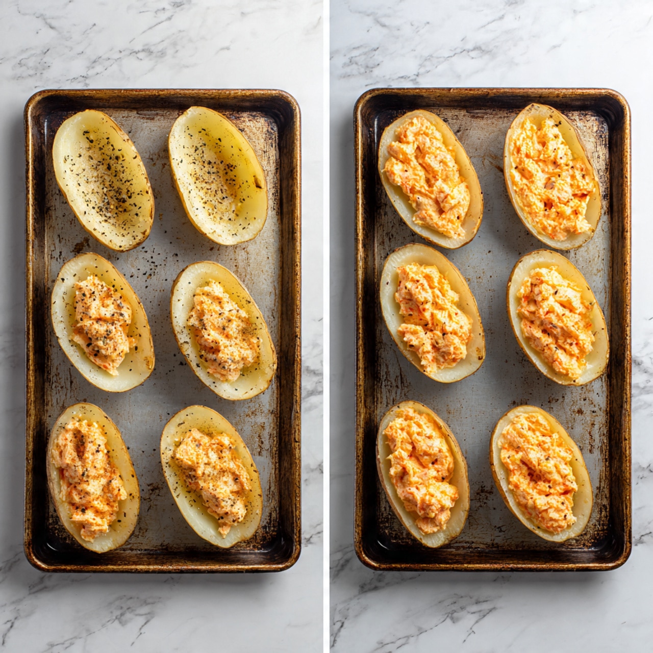 The image shows two side-by-side photos of a baking tray on a white marbled surface. The left photo has eight hollow potato skins arranged on the tray, each lightly sprinkled with black pepper and salt, showing a pale, smooth potato texture inside. The right photo shows the same tray with the hollow potato skins now filled with a creamy, orange-pink mixture layered thickly inside each skin. The filling looks chunky and uneven, covering the hollowed space well. The tray has a dark metal color with slight wear and discoloration, emphasizing the contrast with the white marbled background. photo taken with an iphone --ar 4:5 --v 7