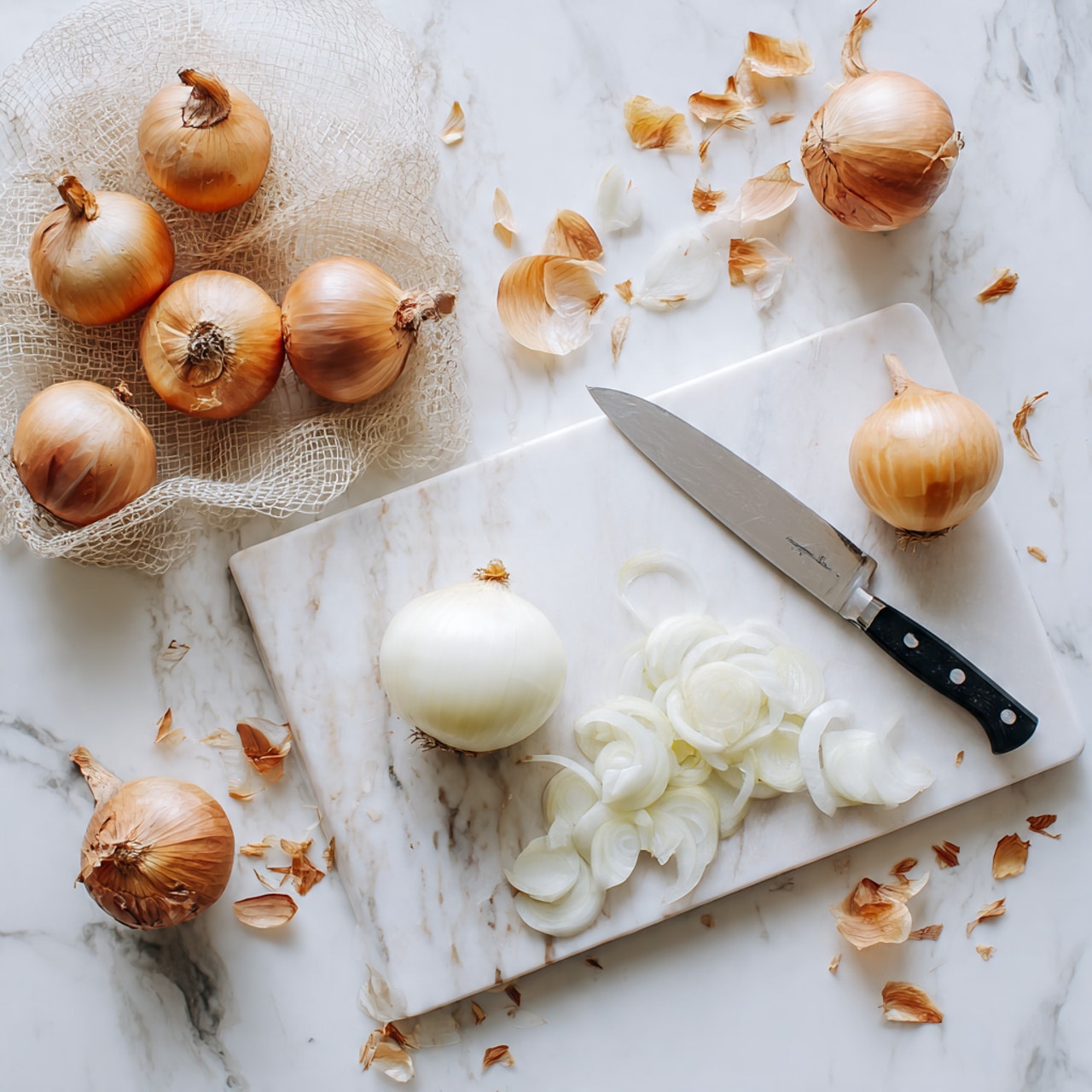 The image shows a white cutting board placed on a white marbled surface, with a sharp knife resting diagonally on it. There are whole peeled white onions, one half onion, and a few thinly sliced onion pieces neatly arranged on the cutting board. Around the board, several whole brown onions with skins on sit in a net bag and loose, along with scattered onion skins and layers. The scene is bright and clean, focusing on the textures of the onions and the smooth surface of the knife blade photo taken with an iphone --ar 4:5 --v 7