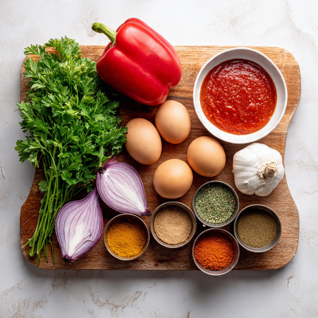 The image shows a wooden cutting board on a white marbled surface. On the board, there is one whole red bell pepper to the left, next to a bunch of fresh green parsley. To the right of the parsley, three brown eggs are placed close to each other. Above the eggs, a red onion is halved, showing its purple and white layers. Near the onion, four garlic cloves are scattered. A white bowl filled with red tomato sauce is positioned in the upper right corner of the board. Below the bowl, there are five small metal cups holding different spices and oils in shades of brown, orange, and green. The colors contrast nicely with the wooden board and white marbled background, creating a fresh and inviting setup. photo taken with an iphone --ar 4:5 --v 7