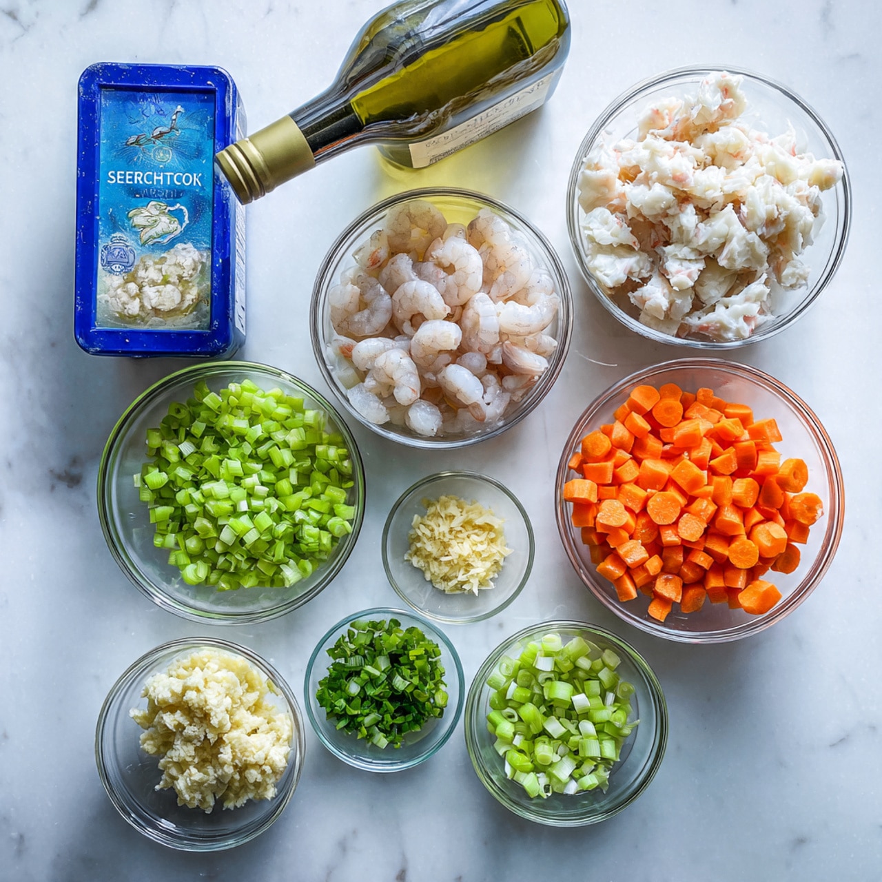 The image shows a white marbled surface with several bowls and containers holding cooking ingredients neatly arranged. Starting from the top left, there is a blue carton of seafood stock; below it is a clear glass bowl filled with raw shrimp, which are pale white with a slightly translucent texture. Next to it, a large clear bowl holds bright green chopped celery pieces. To the right, a medium clear bowl contains white crab meat with a fluffy and soft texture. Below the crab meat, a small glass bowl is filled with finely chopped garlic displaying a pale yellow color. To the right of garlic, a large clear bowl has vibrant orange diced carrots with a smooth texture on top. Below the carrots and garlic, two smaller bowls hold different types of chopped green onions, one with lighter green and white rings and the other with darker green chopped pieces. Behind some of the bowls, there is a greenish-yellow wine bottle laid diagonally. All items rest on the white marbled surface, arranged for a top-down view photo taken with an iphone --ar 4:5 --v 7
