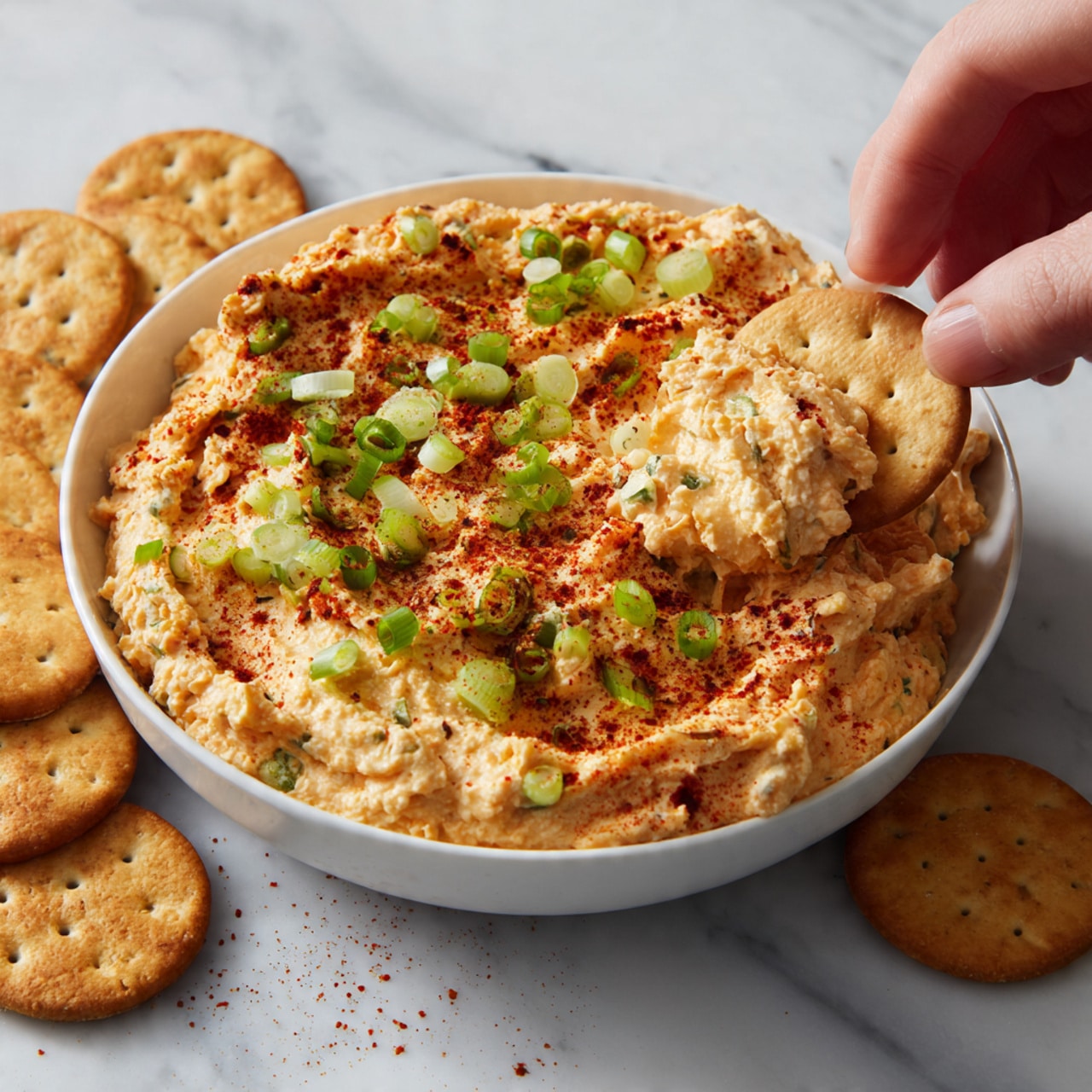 A white bowl filled with a creamy, light orange dip that has a rough texture, topped with scattered small green onion pieces and sprinkled with red paprika powder. Around the bowl, there are round, golden-brown crackers partially leaning against the bowl's edge. A woman's hand is holding one cracker dipped into the thick dip, lifting it slightly out of the bowl. The surface underneath is white with a marbled texture. photo taken with an iphone --ar 4:5 --v 7