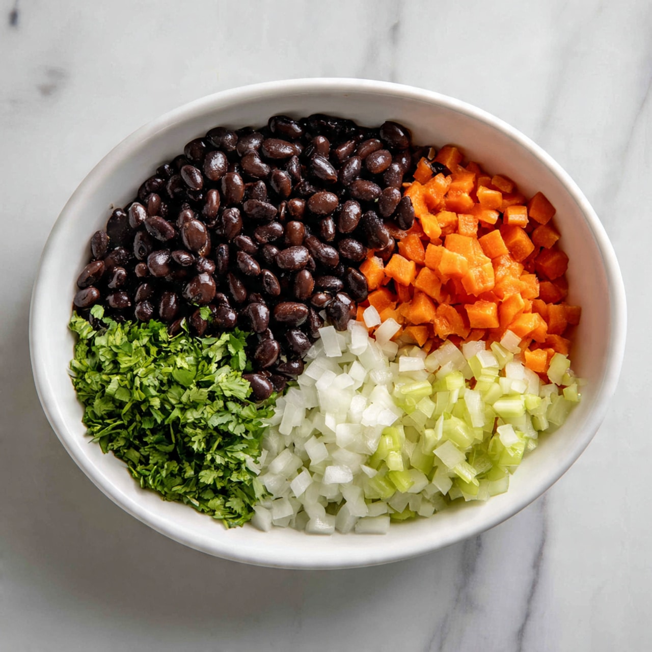 A white oval bowl sits on a white marbled surface, filled with four main layers of ingredients arranged in quadrants. The top left quadrant shows shiny black beans with a smooth texture, while the top right quadrant contains small bright orange cubes that look like cooked carrots. The bottom right section has small pieces of pale green celery, and the bottom left is filled with finely chopped white onions. The layers are neat and colorful, creating a clear contrast between each ingredient photo taken with an iphone --ar 4:5 --v 7
