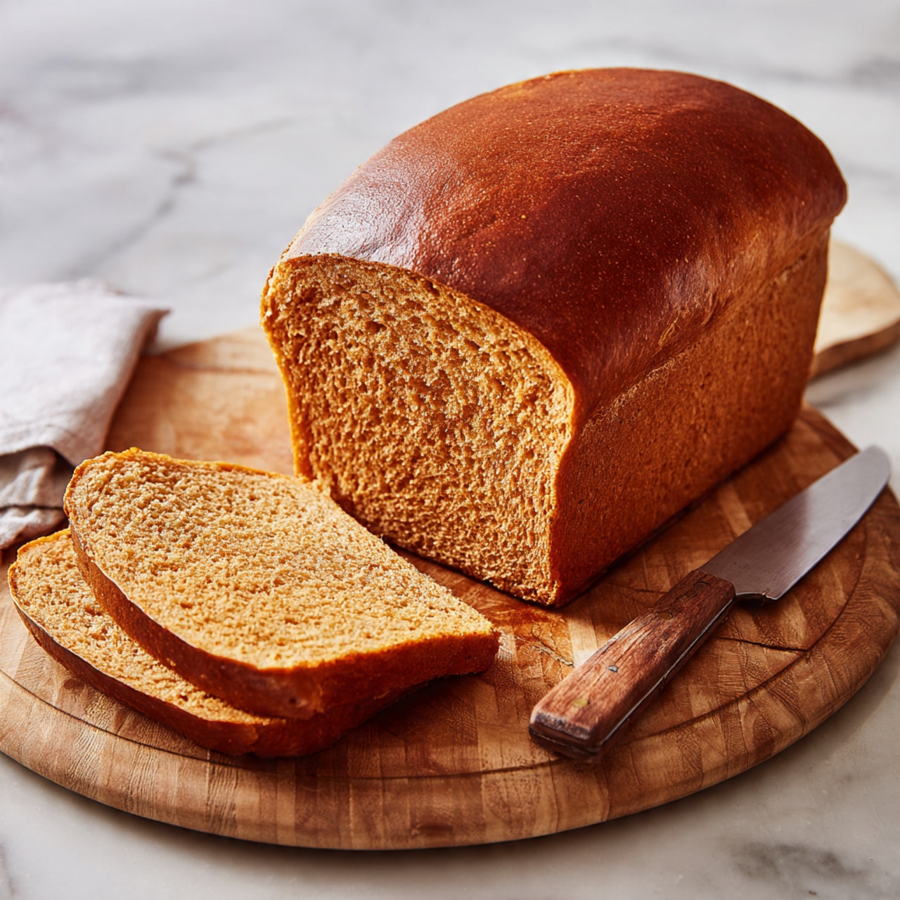 A loaf of brown bread sits on a round wooden cutting board with visible grain lines, placed on a white marbled surface. The bread has a smooth, shiny crust with a warm golden-brown color. One slice is cut and laid flat in front of the loaf showing the soft, dense texture inside that is a slightly lighter brown. A knife with a wooden handle rests nearby on the cutting board. The scene is lit softly, emphasizing the bread’s fresh appearance. Photo taken with an iphone --1:1