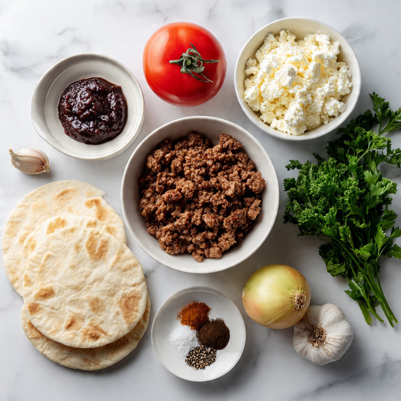 A white bowl on a white marbled surface holds cooked brown ground meat with small chunks. Next to it, a white bowl filled with crumbled white cheese. Nearby is a small white bowl containing dark red thick paste. A small white plate holds various spices, including brown, black, and white colors. Fresh vegetables including a whole red tomato, a bunch of green parsley, three cloves of garlic, and a yellow onion are scattered on the surface. Lastly, two soft flatbreads are placed on the surface. photo taken with an iphone --ar 4:5 --v 7