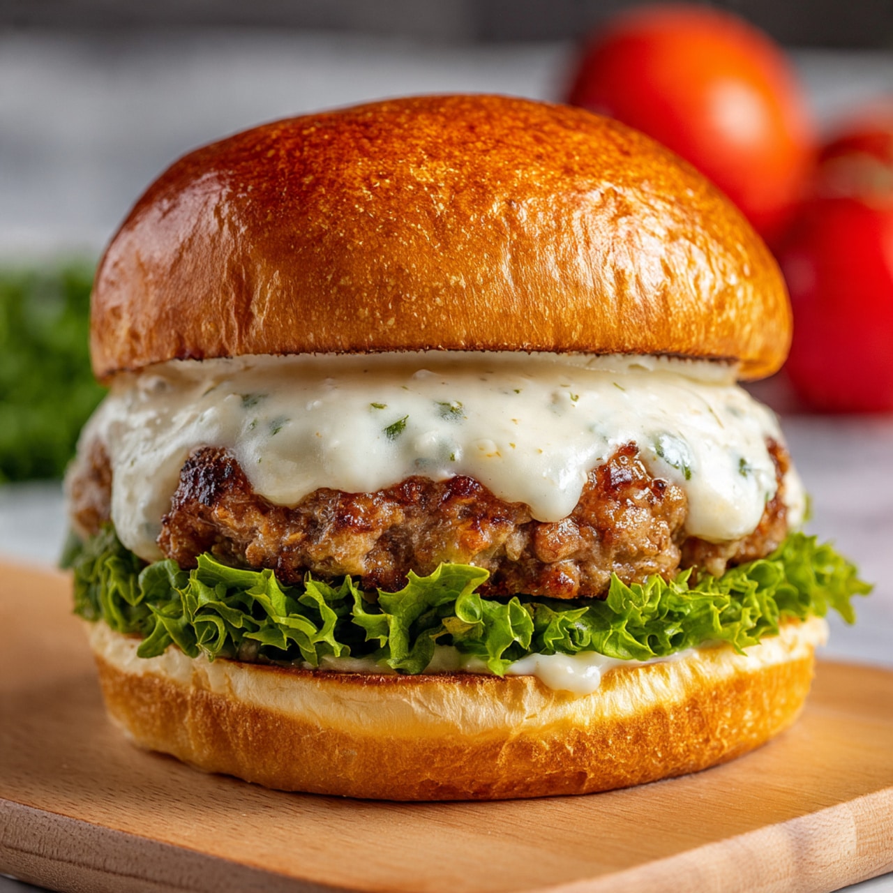 A close-up view of a sandwich featuring two layers of golden brown buns with a soft texture, the top bun slightly tilted showing a creamy sauce oozing out. Below the top bun is a layer of melted white cheese with smooth edges, resting on a thick, grilled patty with a juicy, browned surface. Under the patty, there is a fresh, green leafy lettuce layer with ruffled edges, followed by more sauce spread on the bottom bun. The sandwich sits on a light wooden board with blurred red tomatoes in the white marbled background. photo taken with an iphone --ar 4:5 --v 7